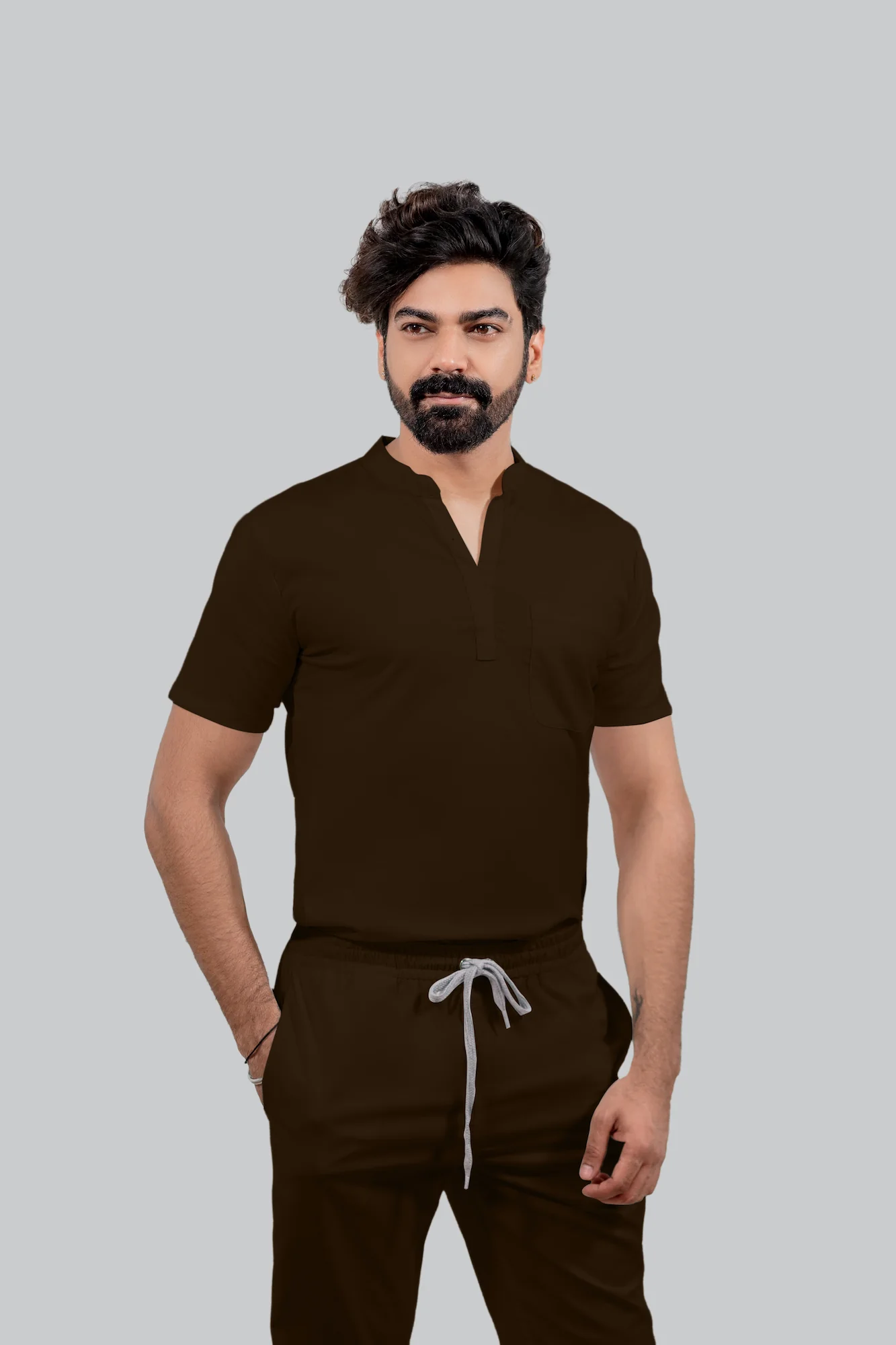 Stretchable (4Way) Men Brown Mandarin Neck with Straight Pant Scrub Set - Image 2