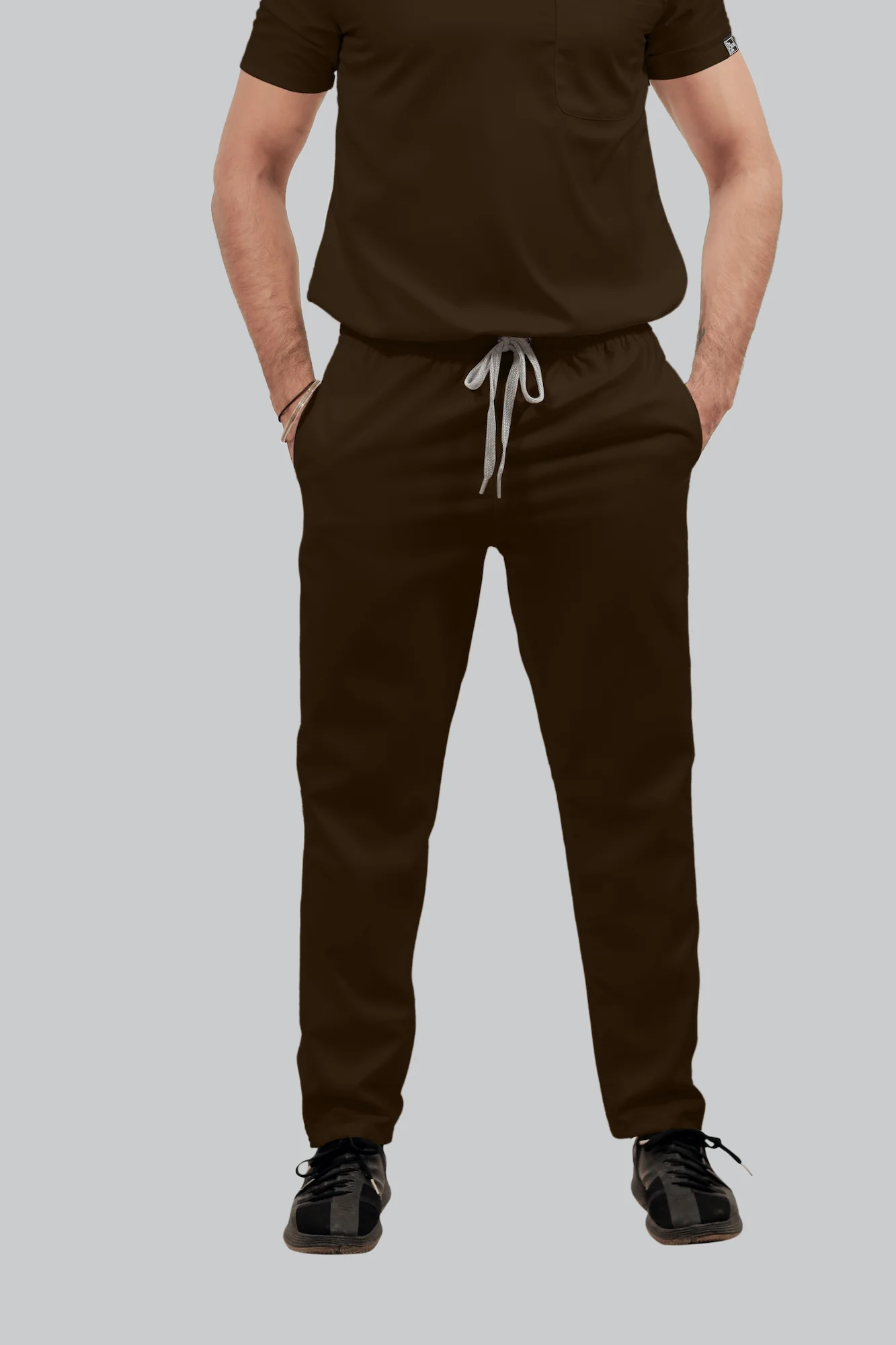Stretchable (4Way) Men Brown Mandarin Neck with Straight Pant Scrub Set - Image 6