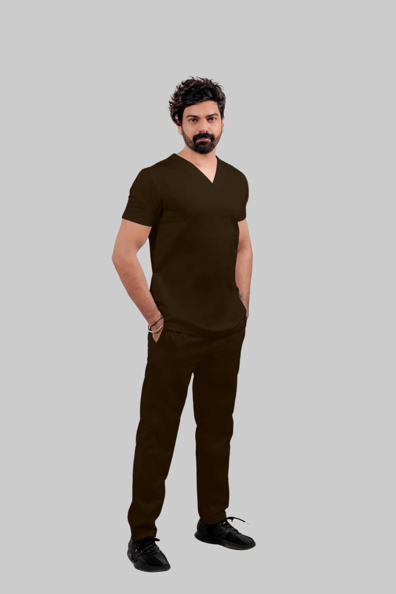 Stretchable (4Way) Men Brown V-Neck With Jogger Scrub Set - Image 3