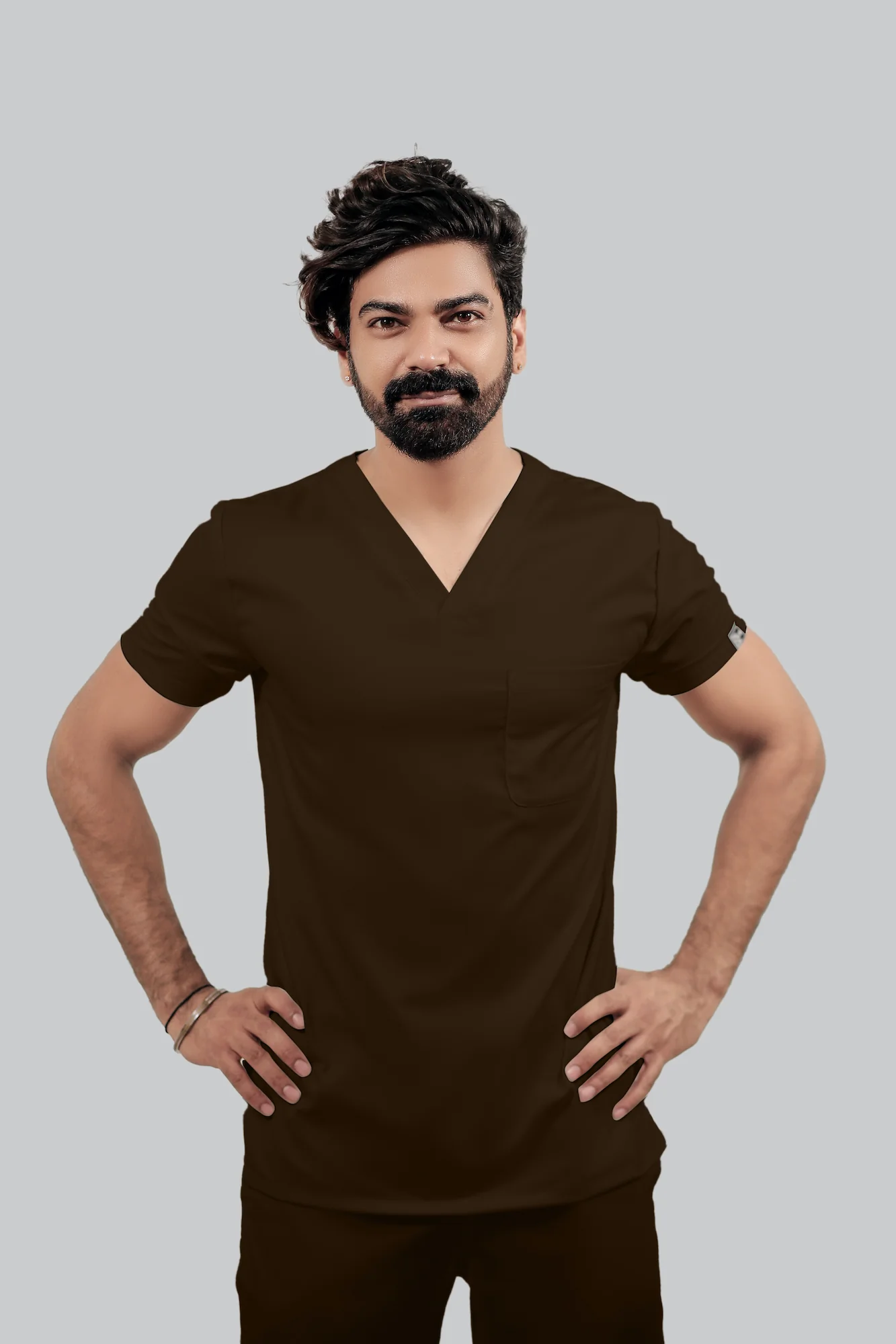 Stretchable (4Way) Men Brown V-Neck With Straight Pant Scrub Set - Image 2