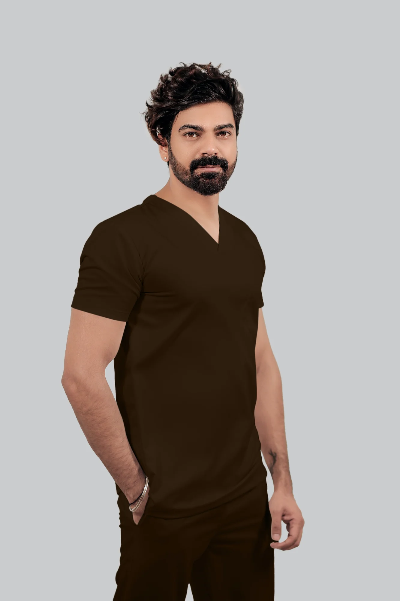 Stretchable (4Way) Men Brown V-Neck With Straight Pant Scrub Set - Image 4
