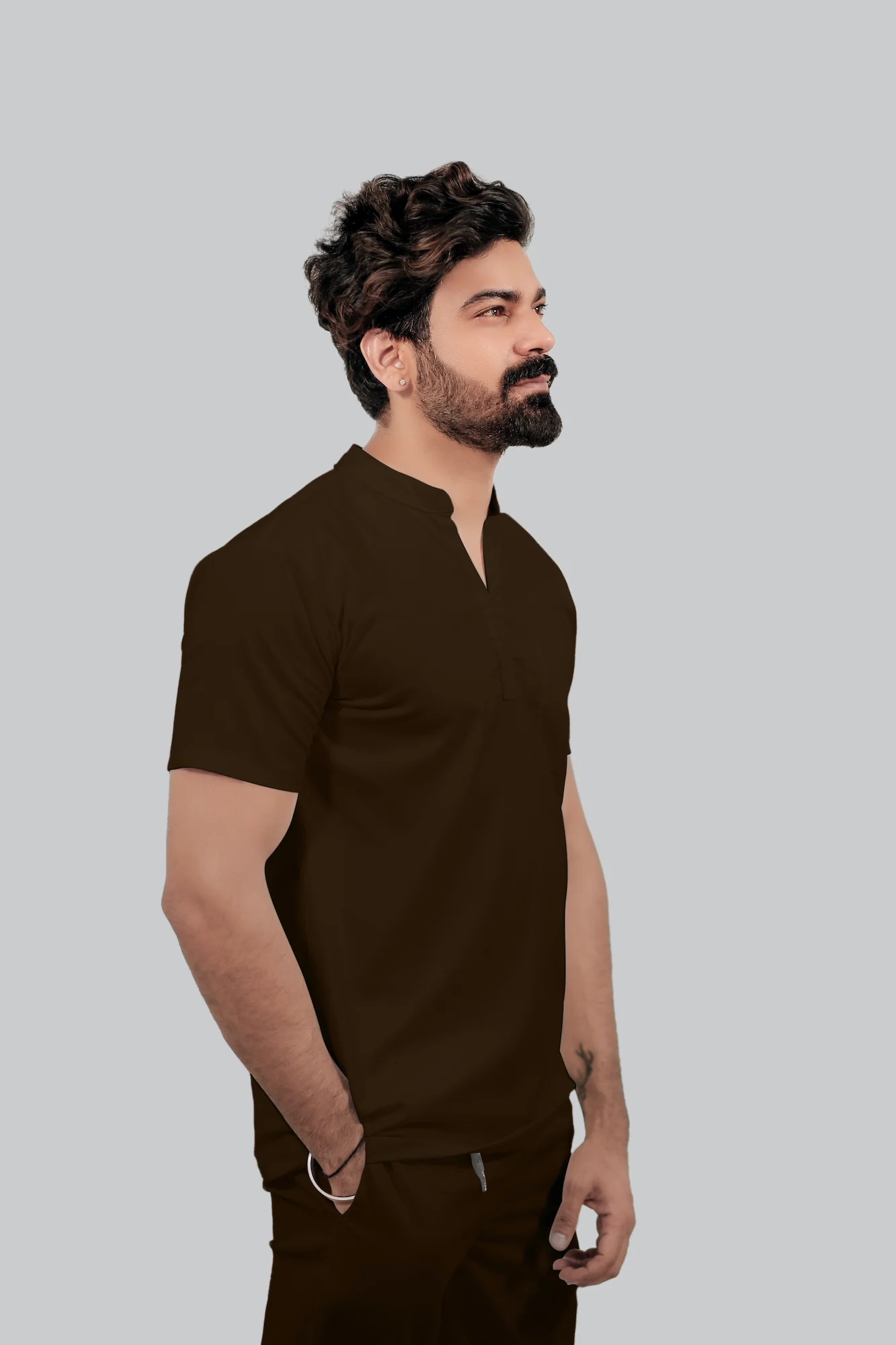 Stretchable (4Way) Men Brown Mandarin Neck Scrub Top - Image 3