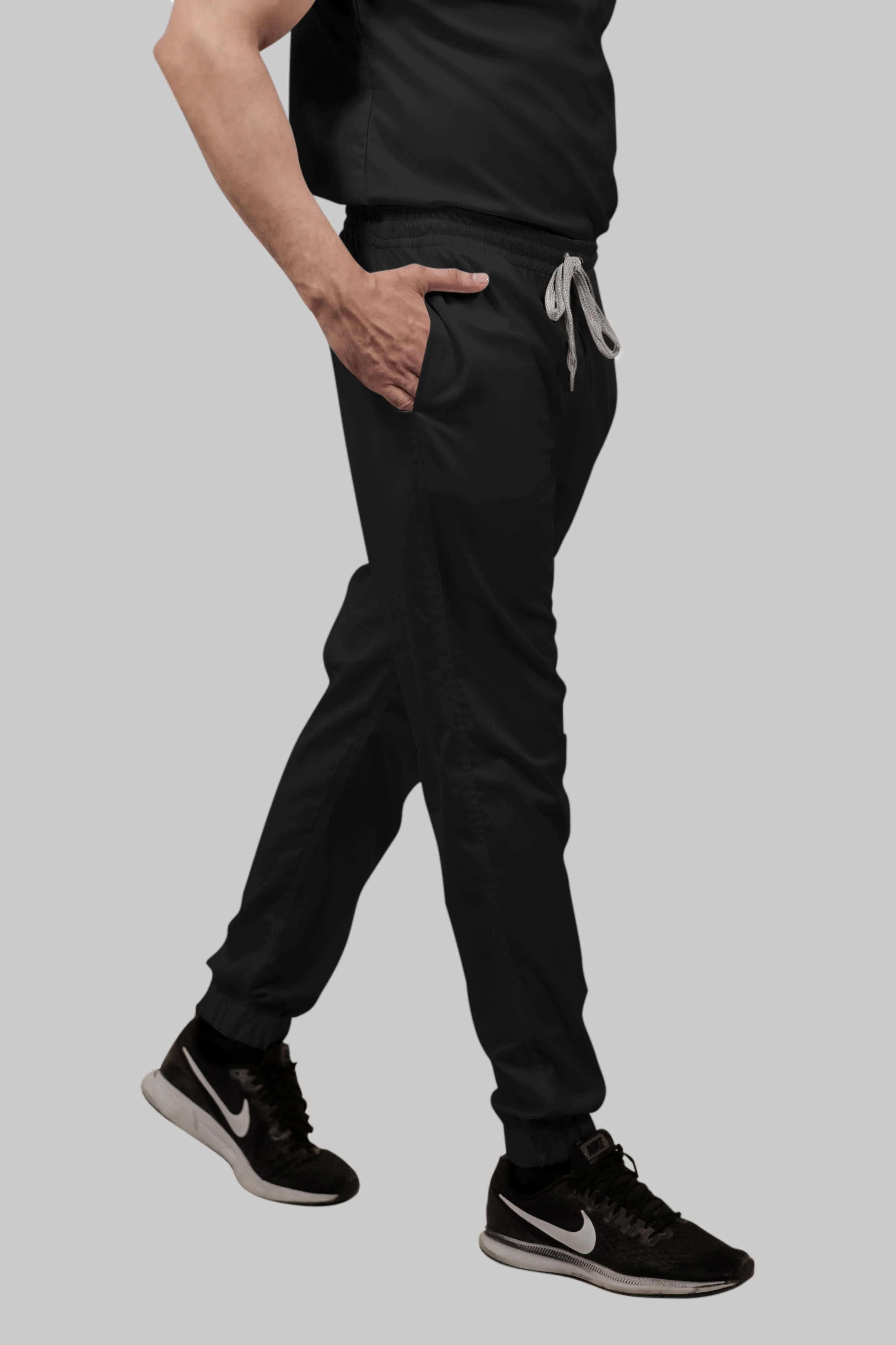 Stretchable (2Way) Women Black Mandarin Neck With Jogger Scrub Set - Image 5