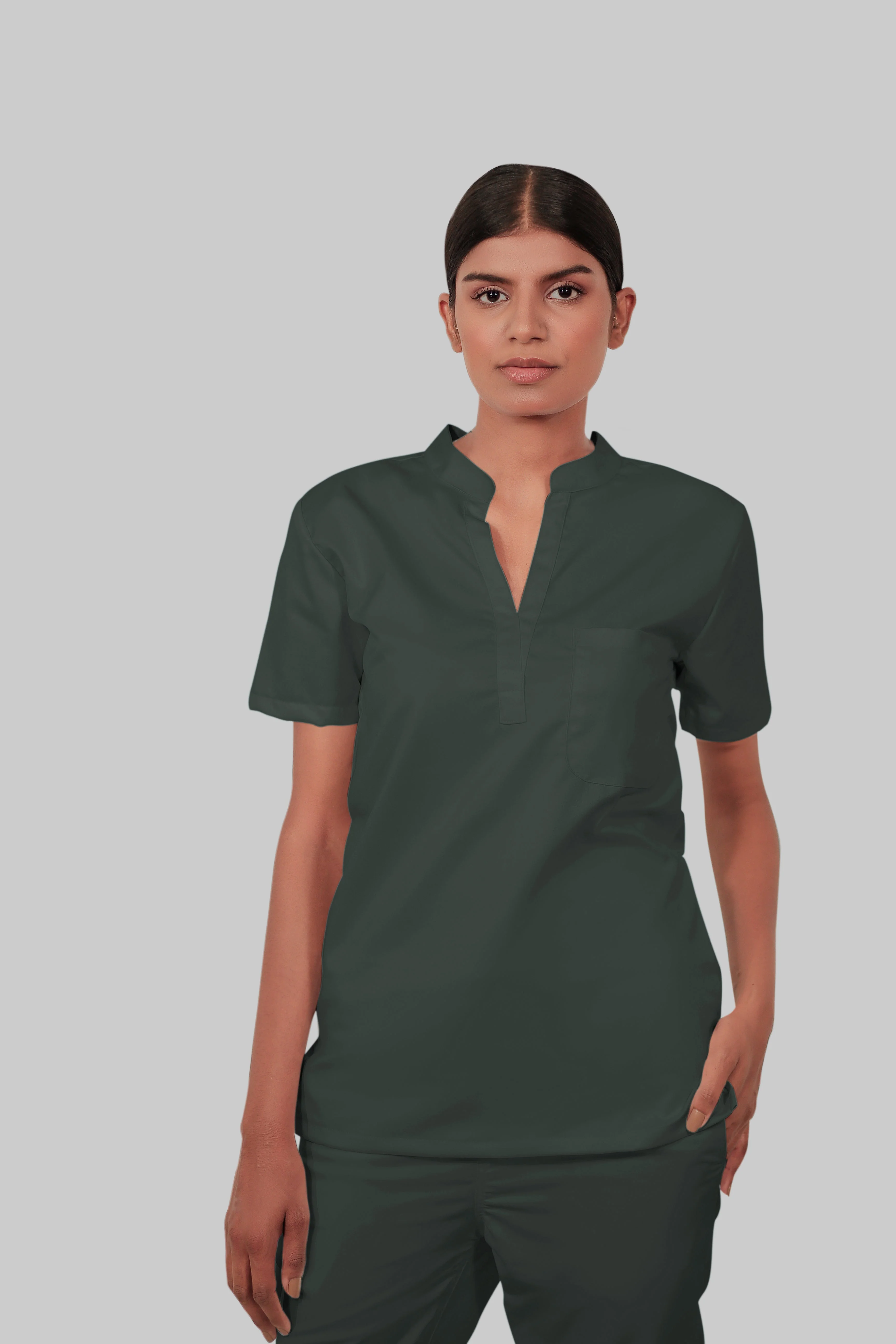 Stretchable (2Way) Women Bottle Green Mandarin With Jogger Scrub Set - Image 2