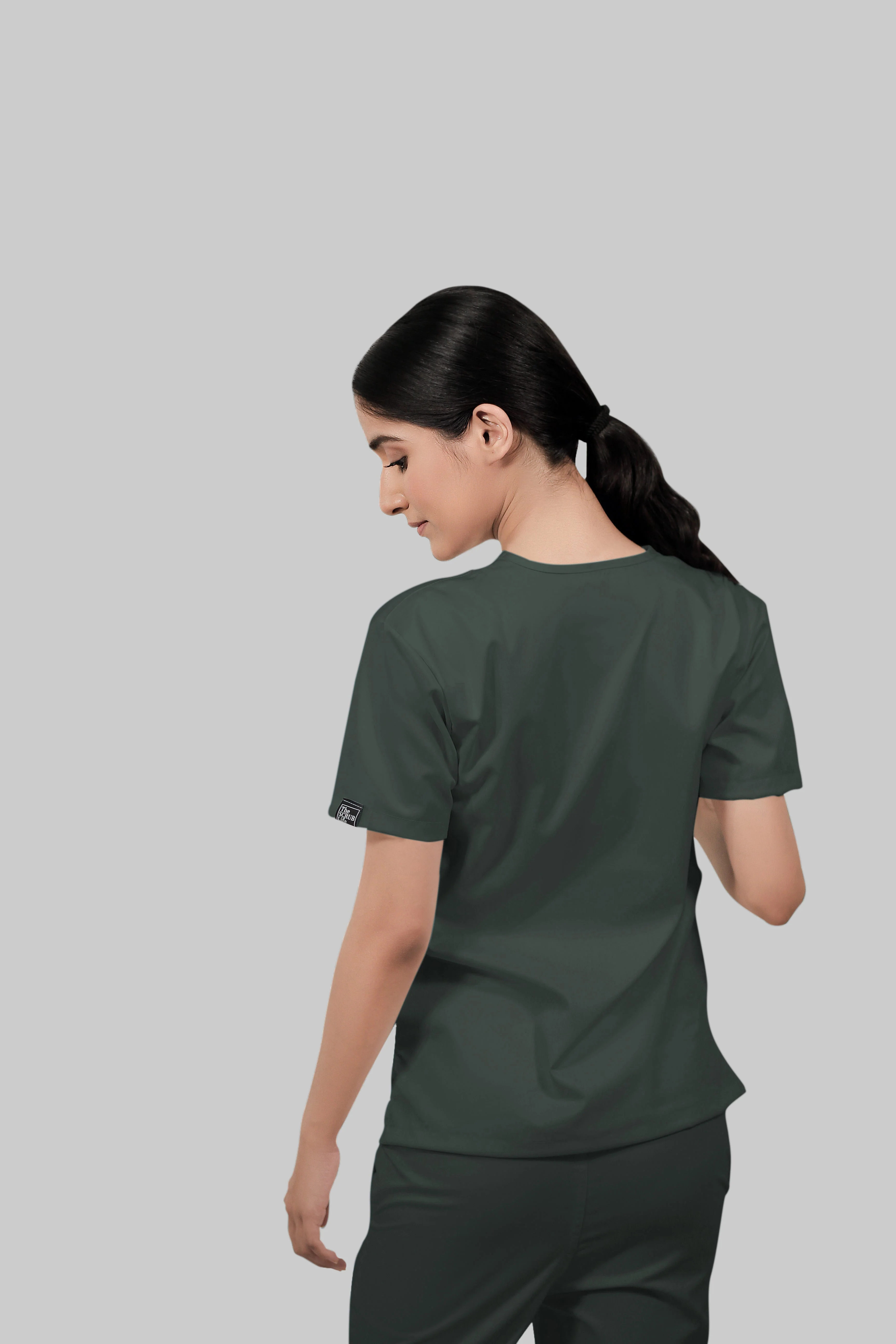 Stretchable (2Way) Women Bottle Green V-Neck With Jogger Scrub Set - Image 2