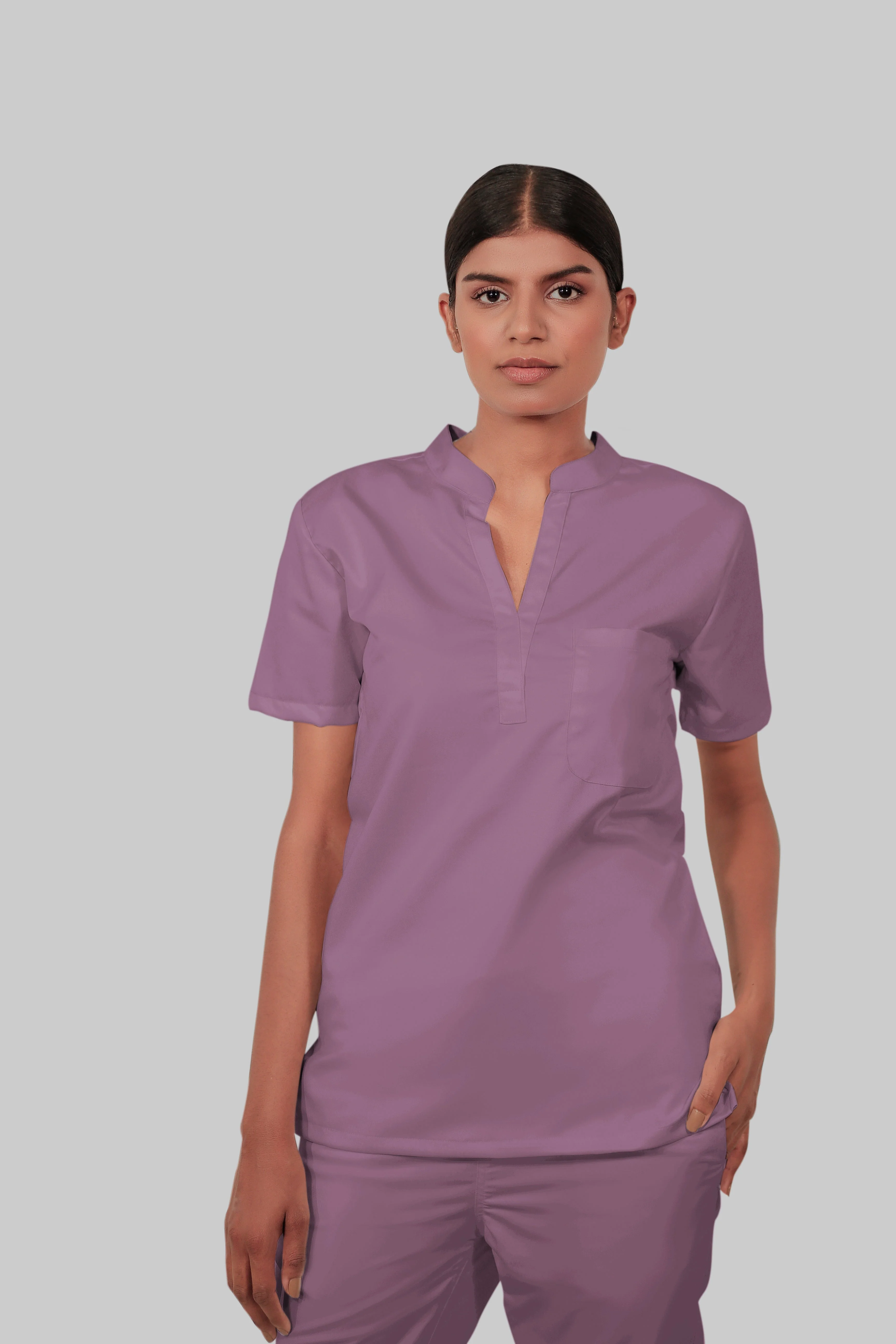 Stretchable (2Way) Women Lilac Mandarin Neck With Jogger Scrub Set - Image 2