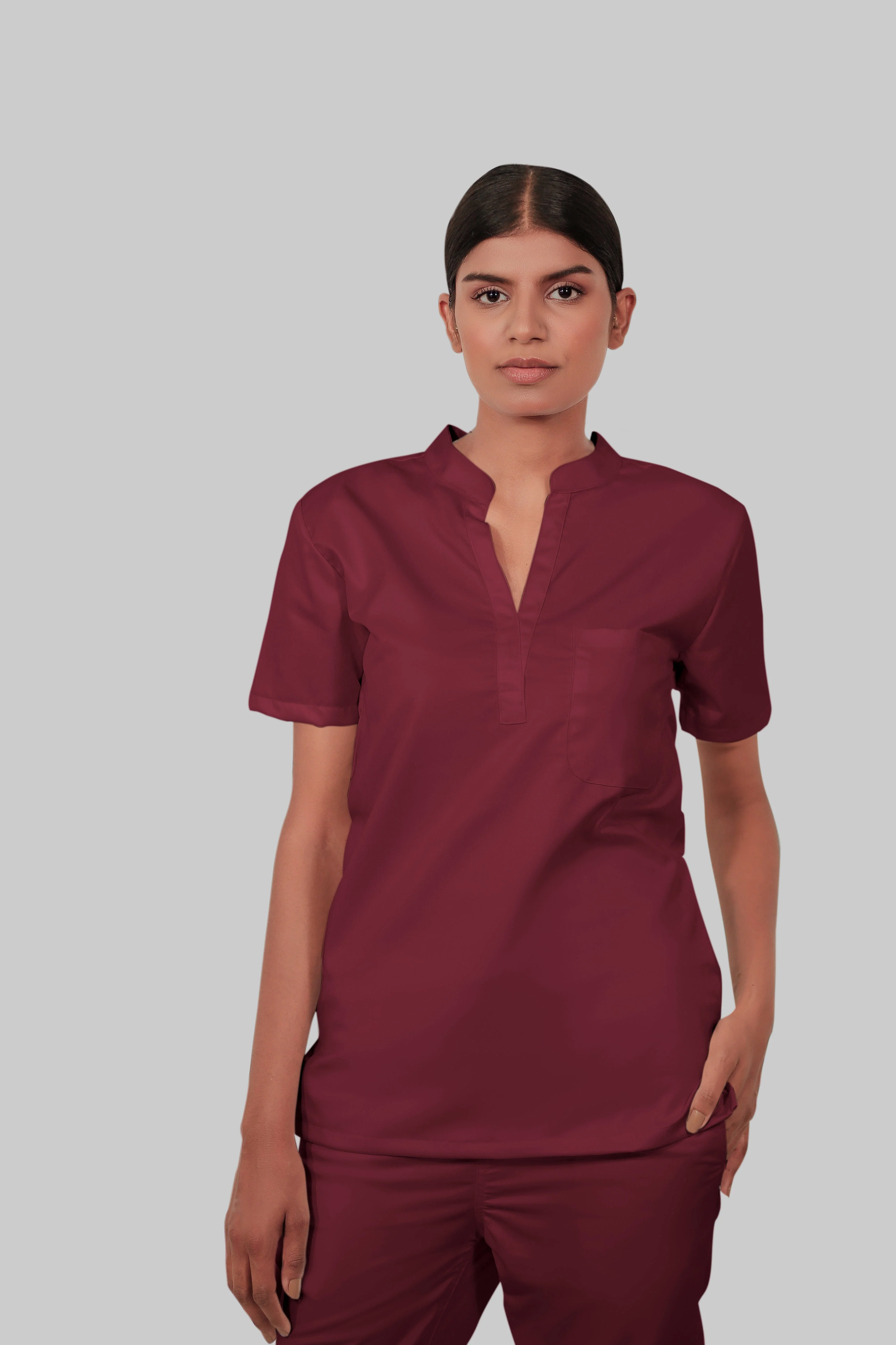 Stretchable (2Way) Women Maroon Mandarin Neck With Jogger Scrub Set