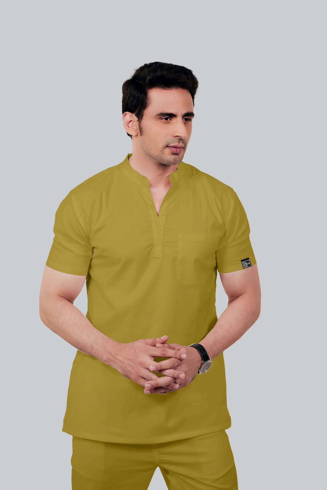 Stretchable (2Way) Men Mustard Mandarin Neck Scrub Top