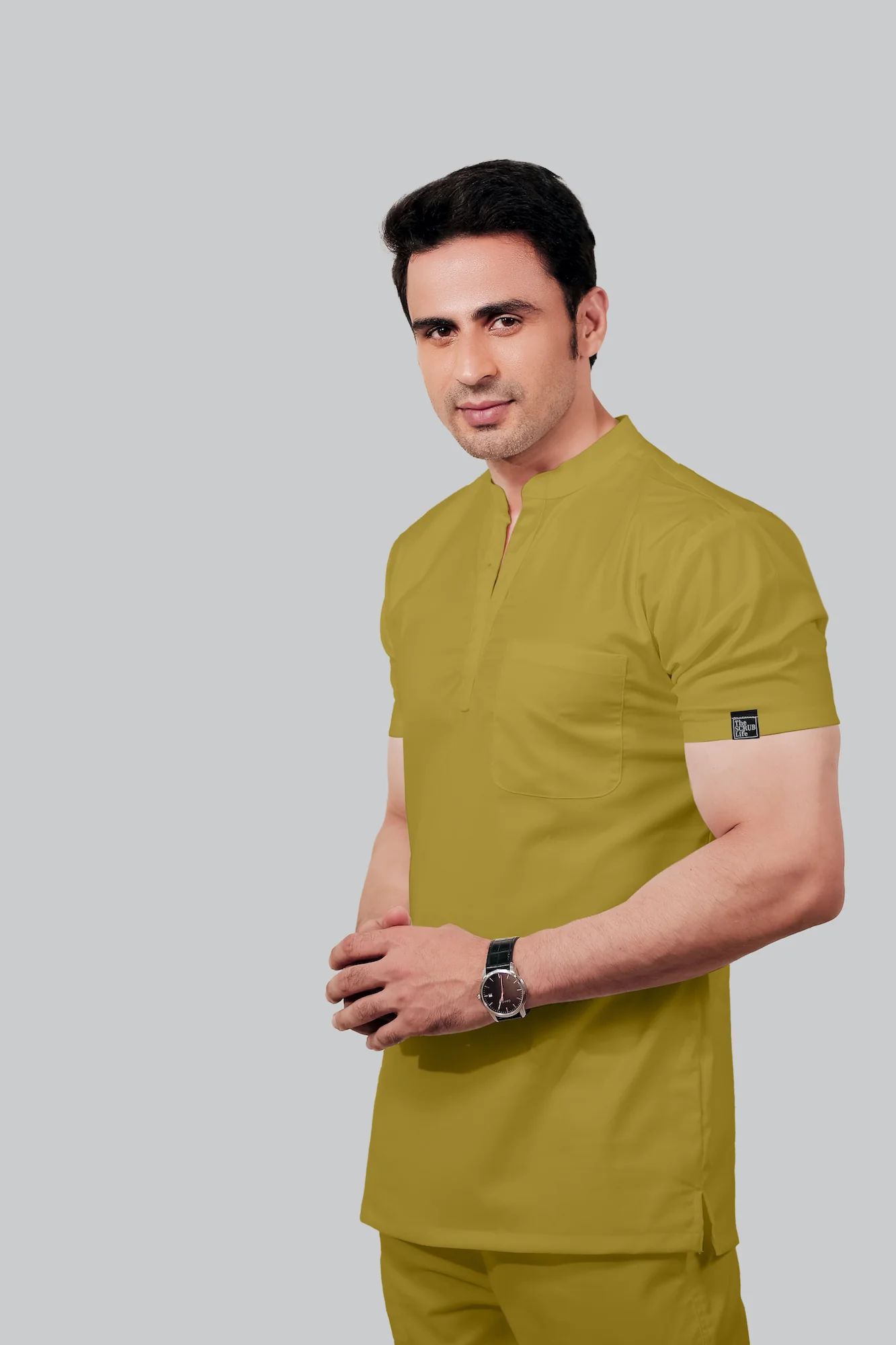 Stretchable (2Way) Men Mustard Mandarin Neck Scrub Top - Image 2