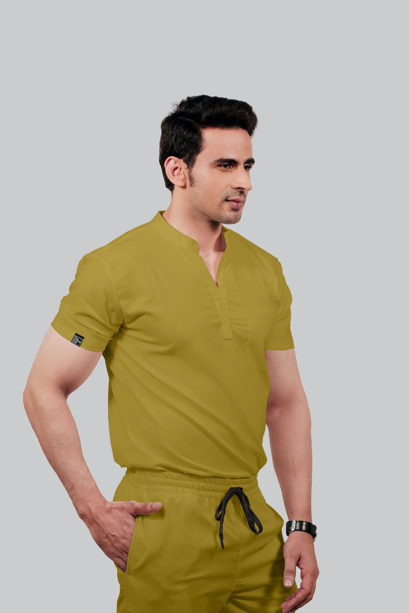 Stretchable (2Way) Men Mustard Mandarin Neck Scrub Top - Image 3