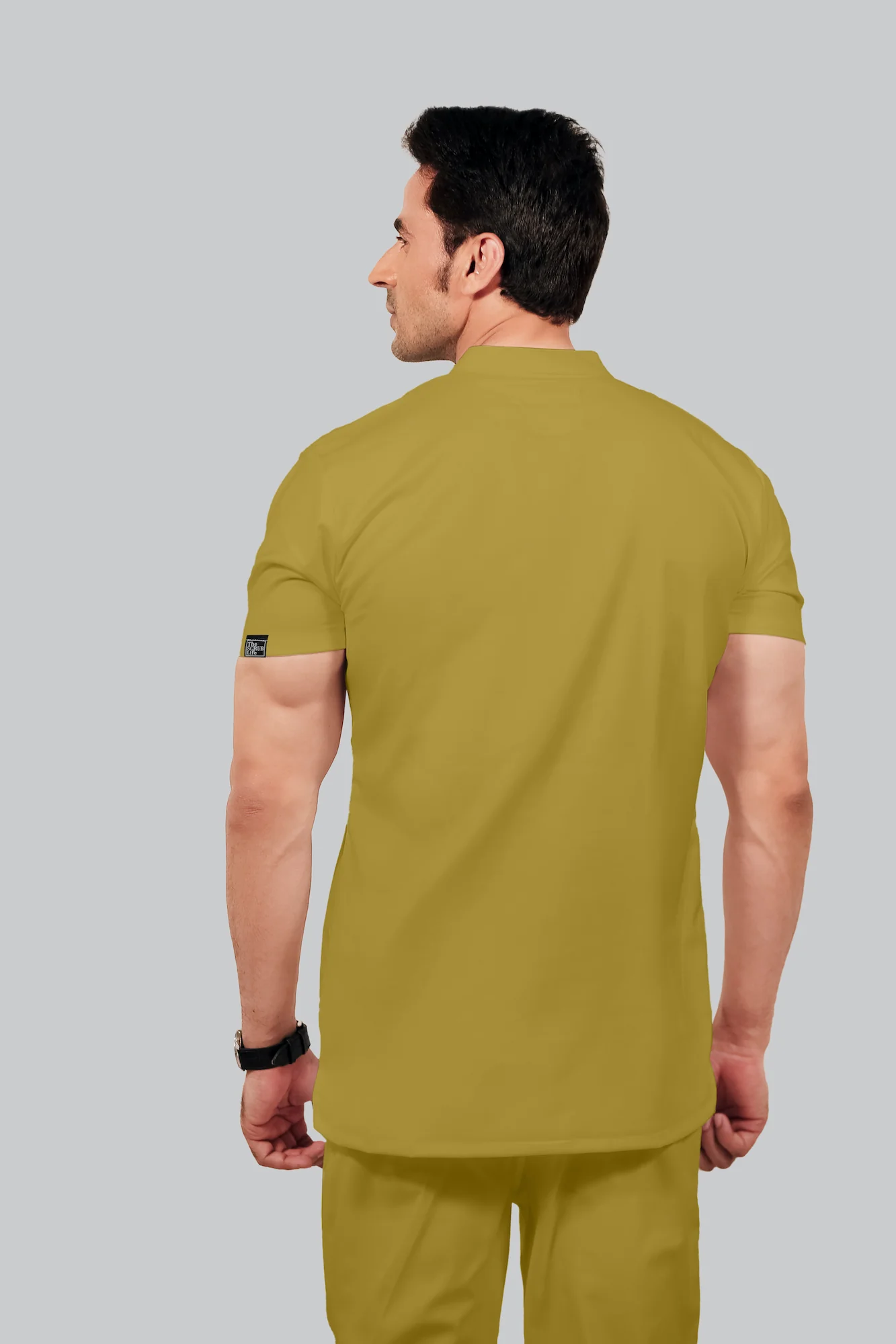 Stretchable (2Way) Men Mustard Mandarin Neck Scrub Top - Image 4
