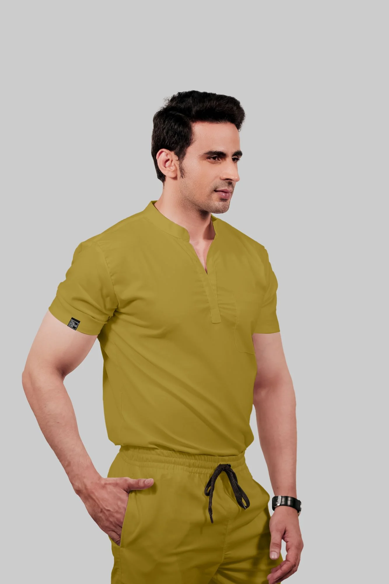 Stretchable (2Way) Men Mustard Mandarin Neck With Jogger Scrub Set - Image 4