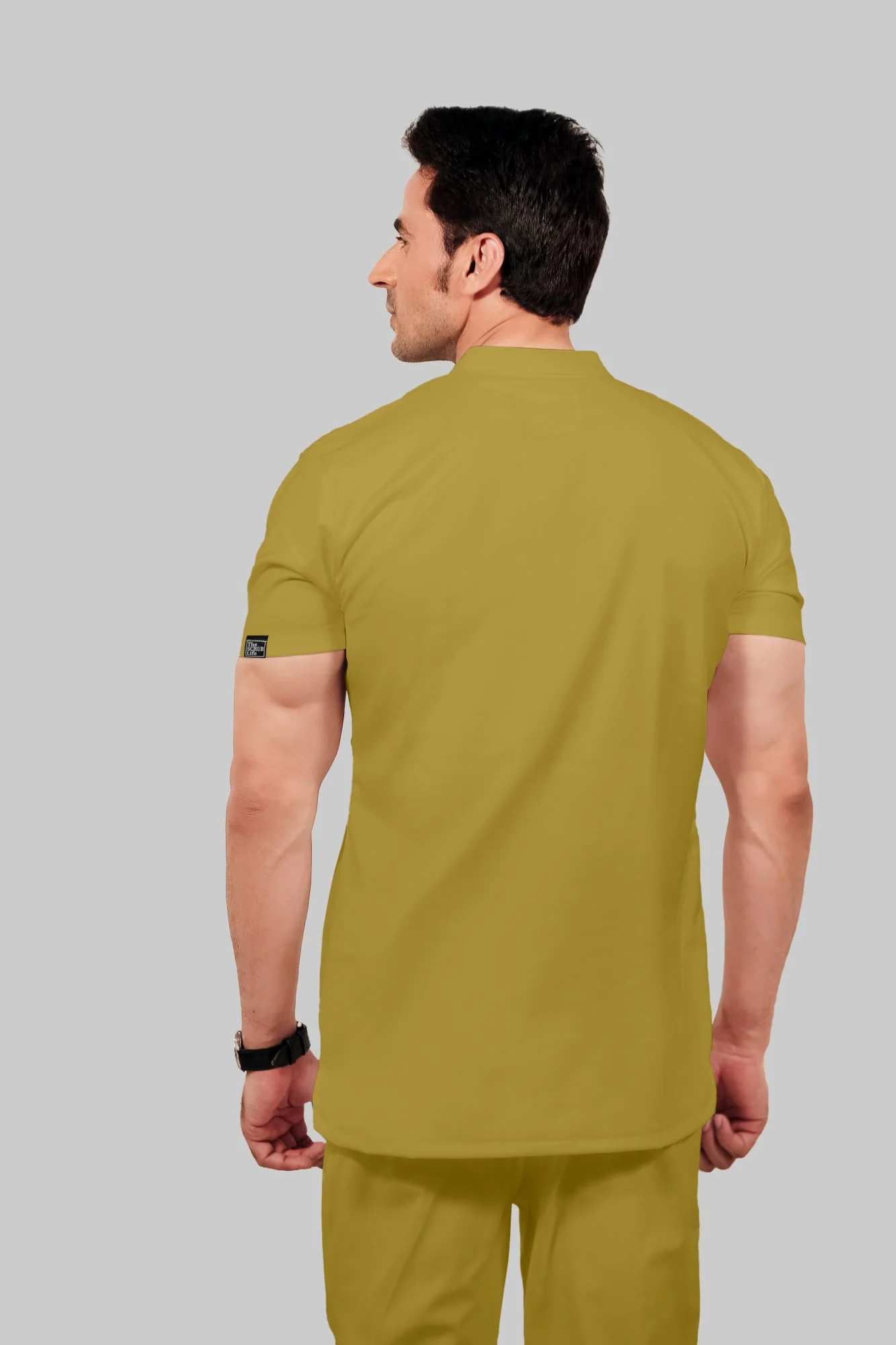 Stretchable (2Way) Men Mustard Mandarin Neck With Jogger Scrub Set - Image 5