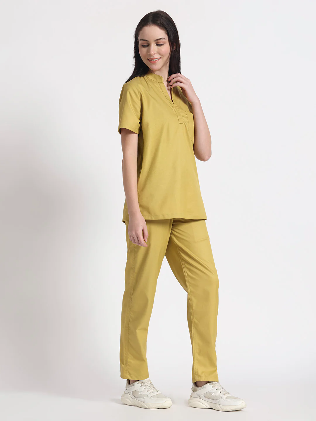 Stretchable (2Way) Women Mustard Mandarin Neck With Straight Pant Scrub Set - Image 6