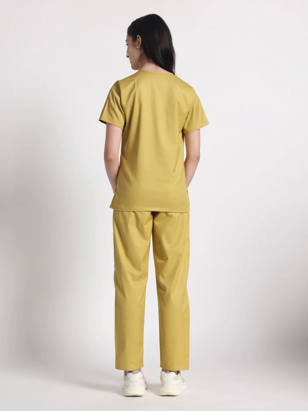 Stretchable (2Way) Women Mustard V-Neck With Straight Pant Scrub Set - Image 3