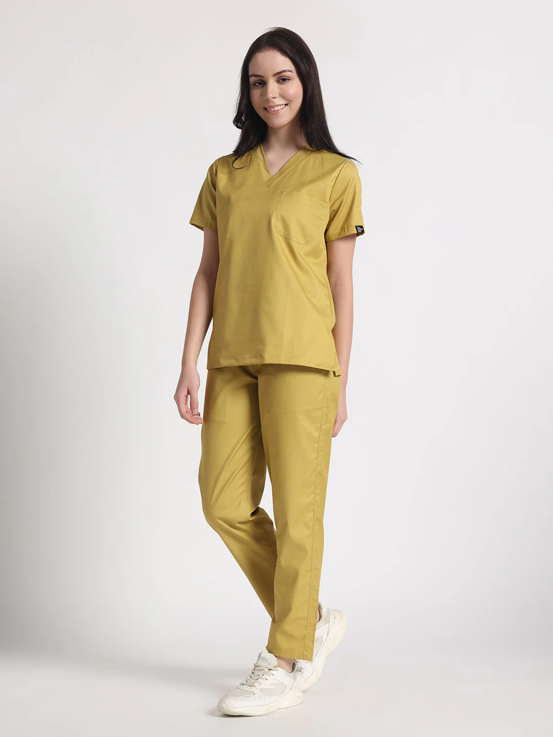 Stretchable (2Way) Women Mustard V-Neck With Straight Pant Scrub Set - Image 4