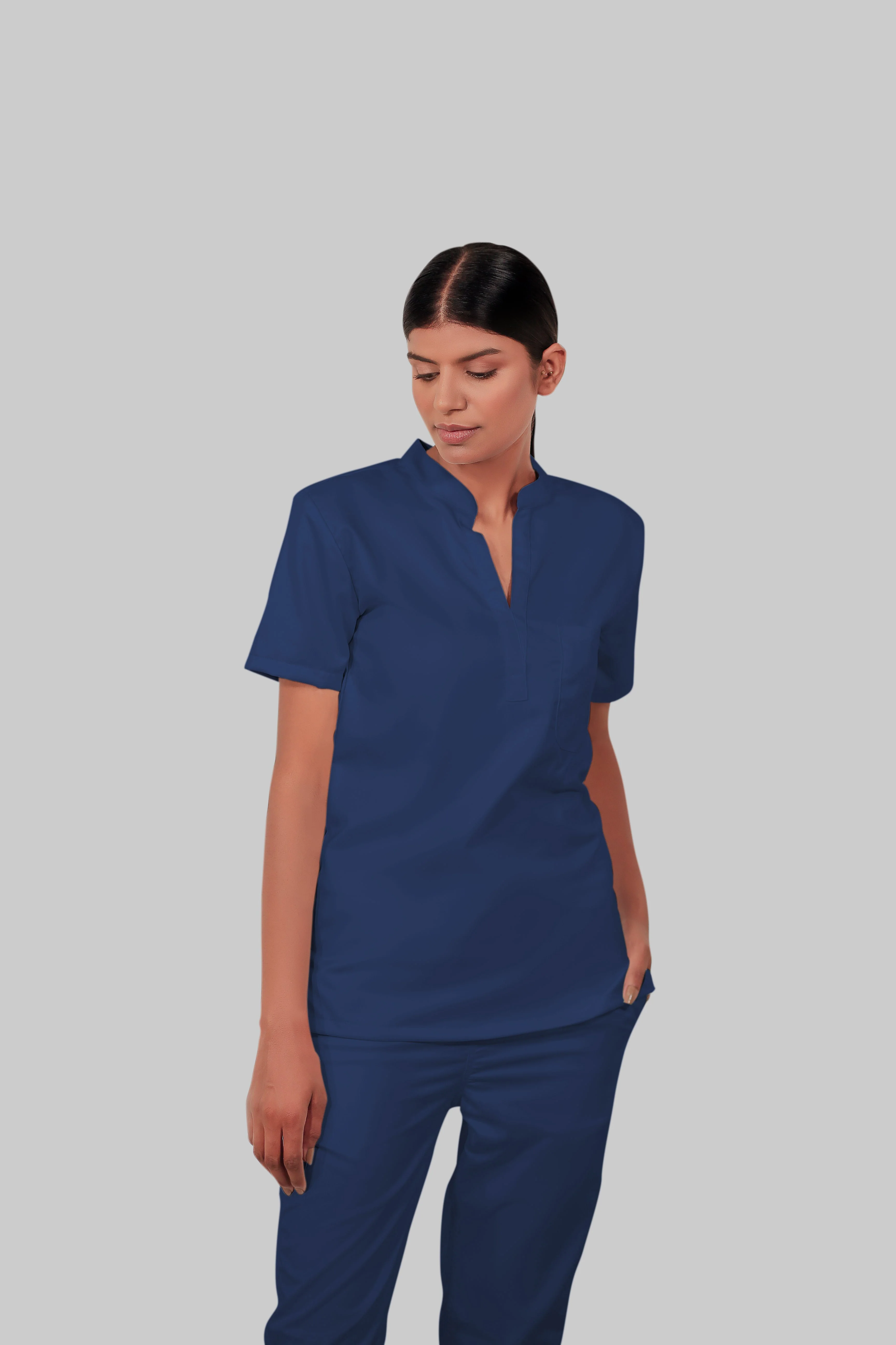 Stretchable (2Way) Women Navy Blue Mandarin Neck With Jogger Scrub Set - Image 2