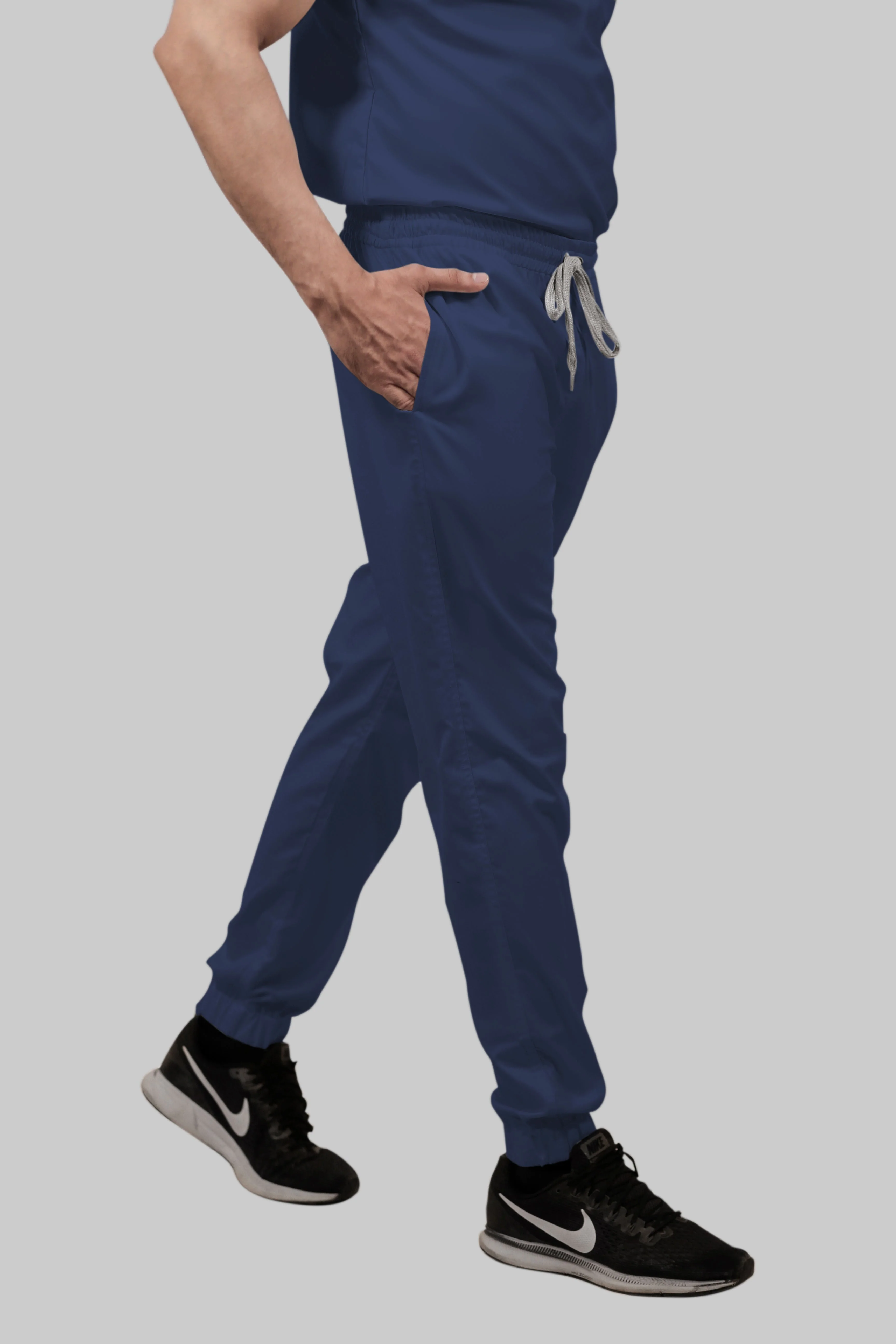 Stretchable (2Way) Women Navy Blue Mandarin Neck With Jogger Scrub Set - Image 4