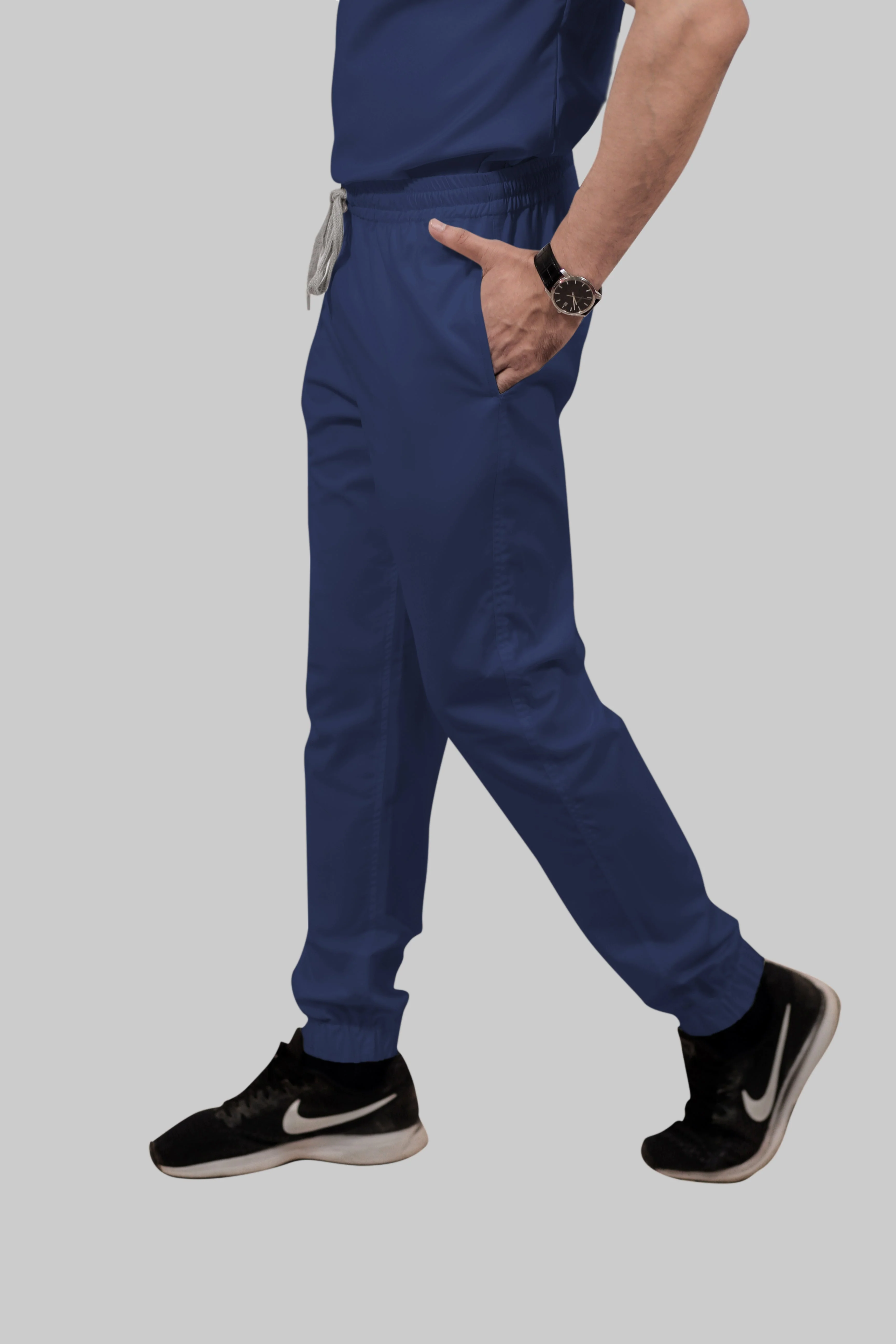 Stretchable (2Way) Women Navy Blue Mandarin Neck With Jogger Scrub Set - Image 5