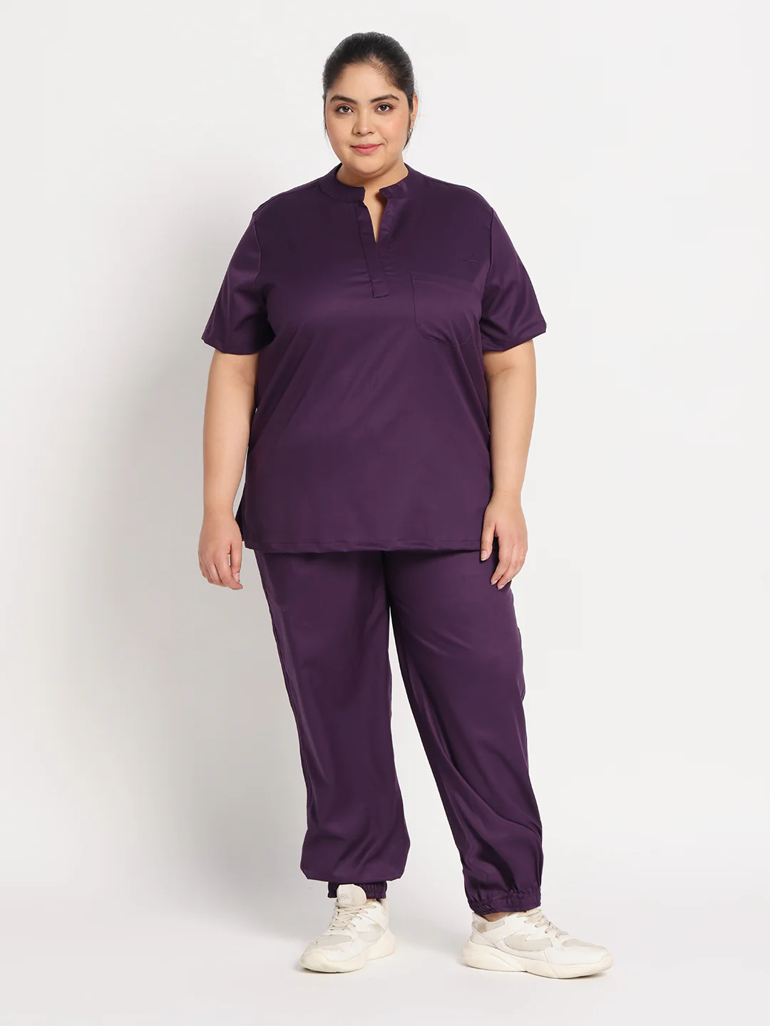 Stretchable (2way) Women Purple Mandarin Neck With Jogger Scrub Set - Image 2