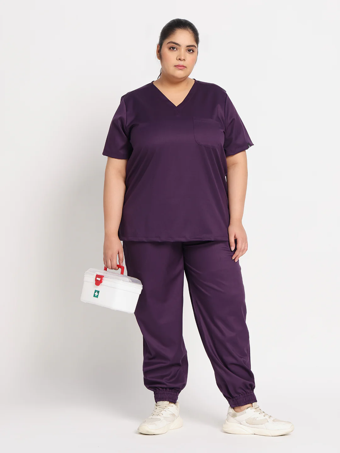 Stretchable (2way) Women Purple V-Neck With Jogger Scrub Set - Image 2