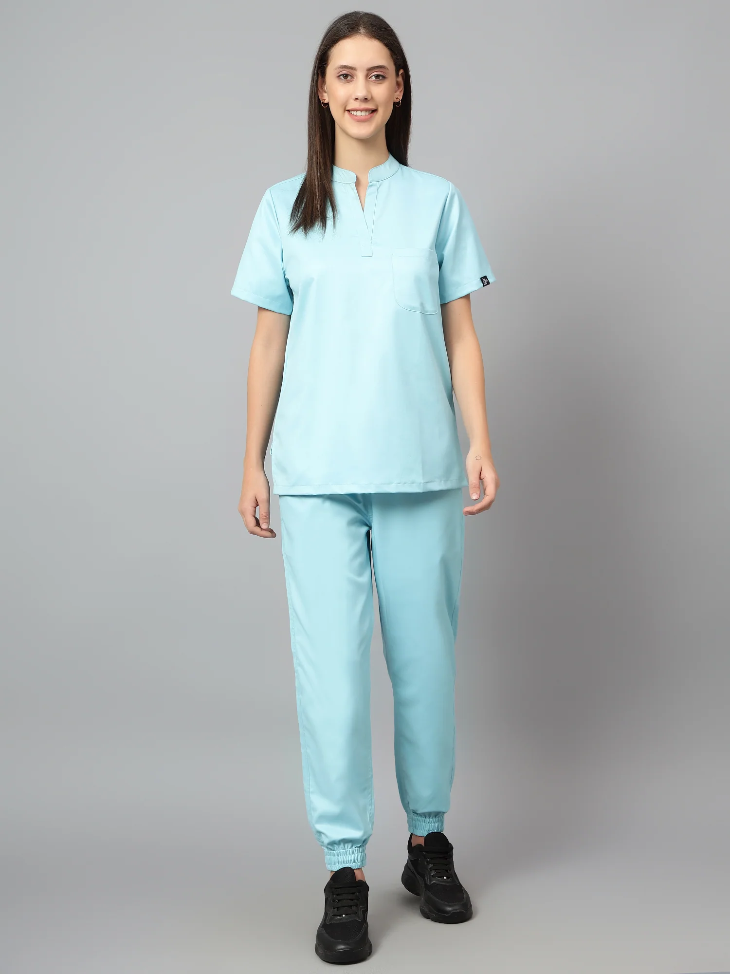 Stretchable (2Way) Women Aqua Blue Mandarin Neck With Jogger Scrub Set