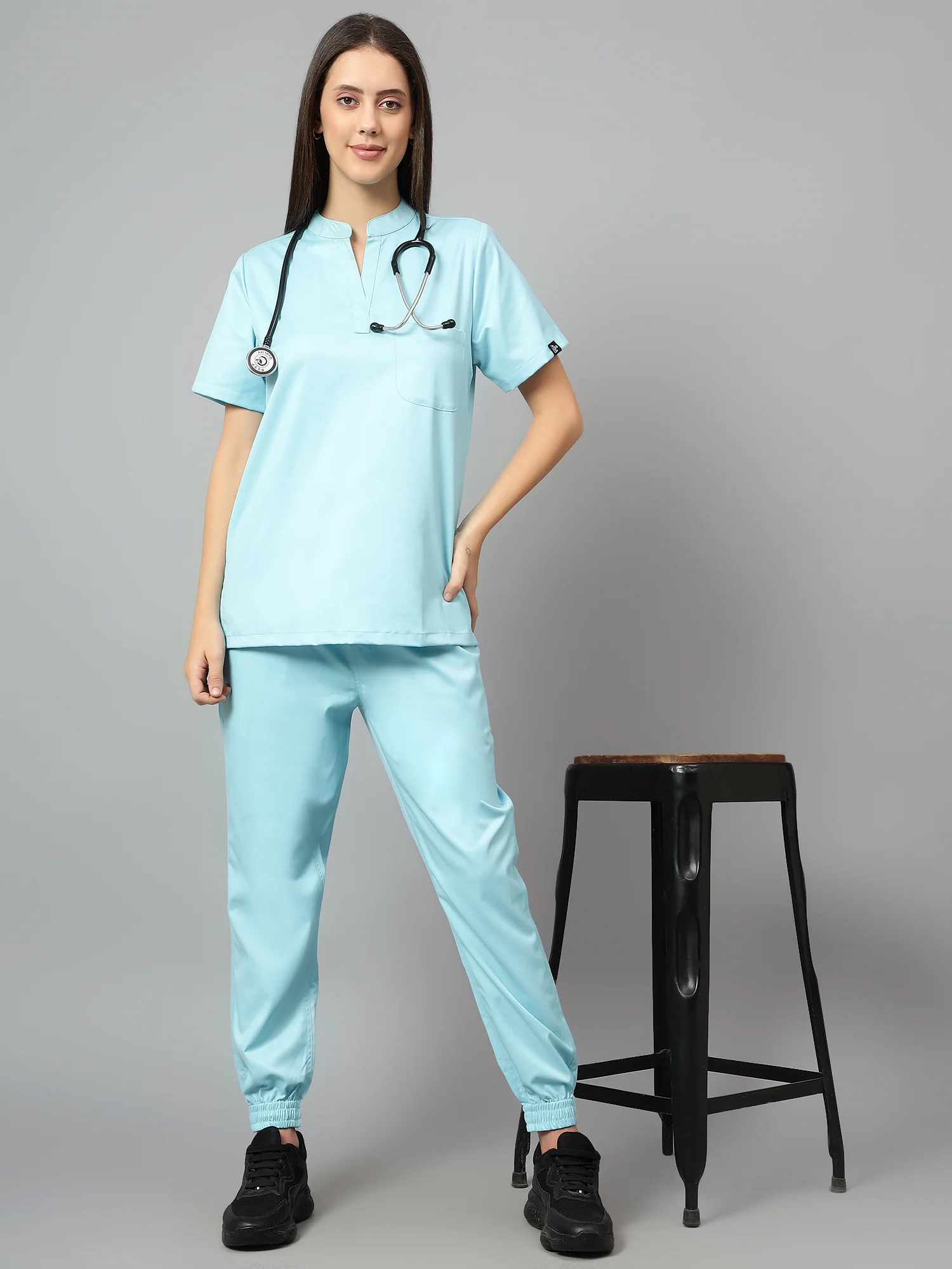 Stretchable (2Way) Women Aqua Blue Mandarin Neck With Jogger Scrub Set - Image 3