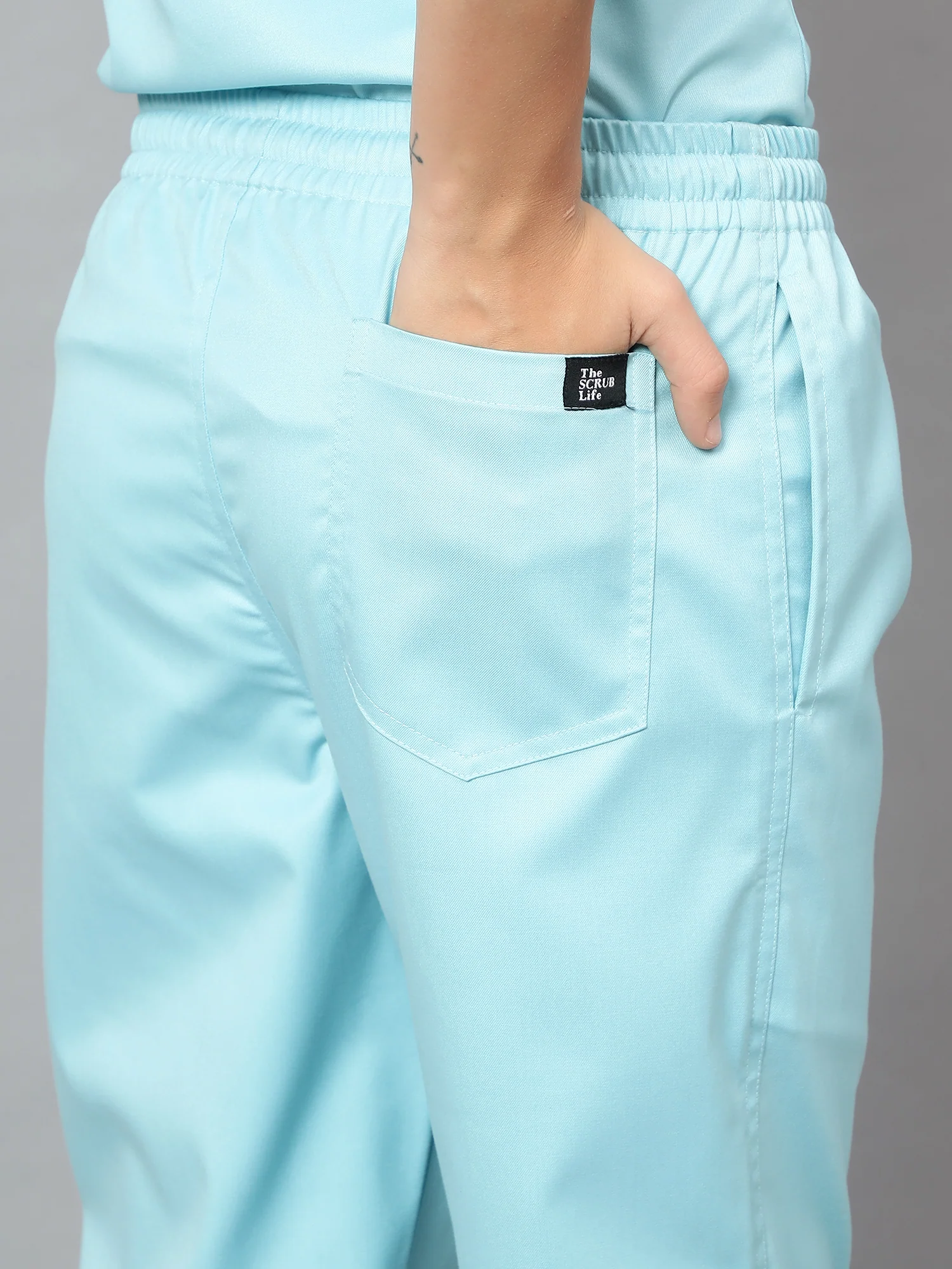 Stretchable (2Way) Women Aqua Blue Mandarin Neck With Jogger Scrub Set - Image 4