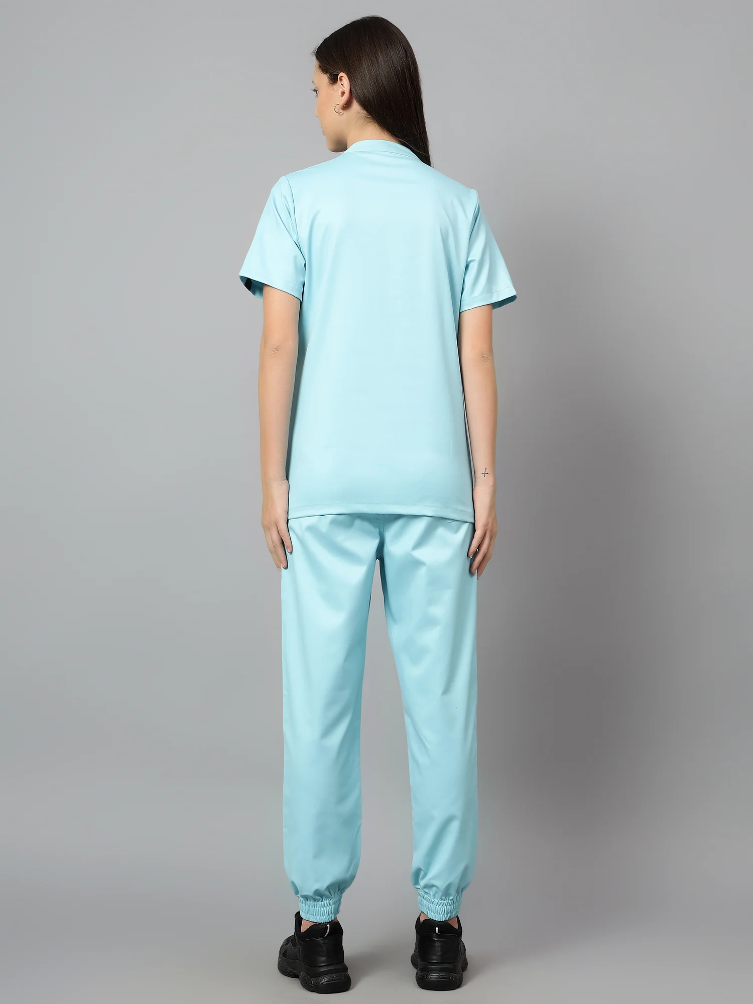 Stretchable (2Way) Women Aqua Blue Mandarin Neck With Jogger Scrub Set - Image 5