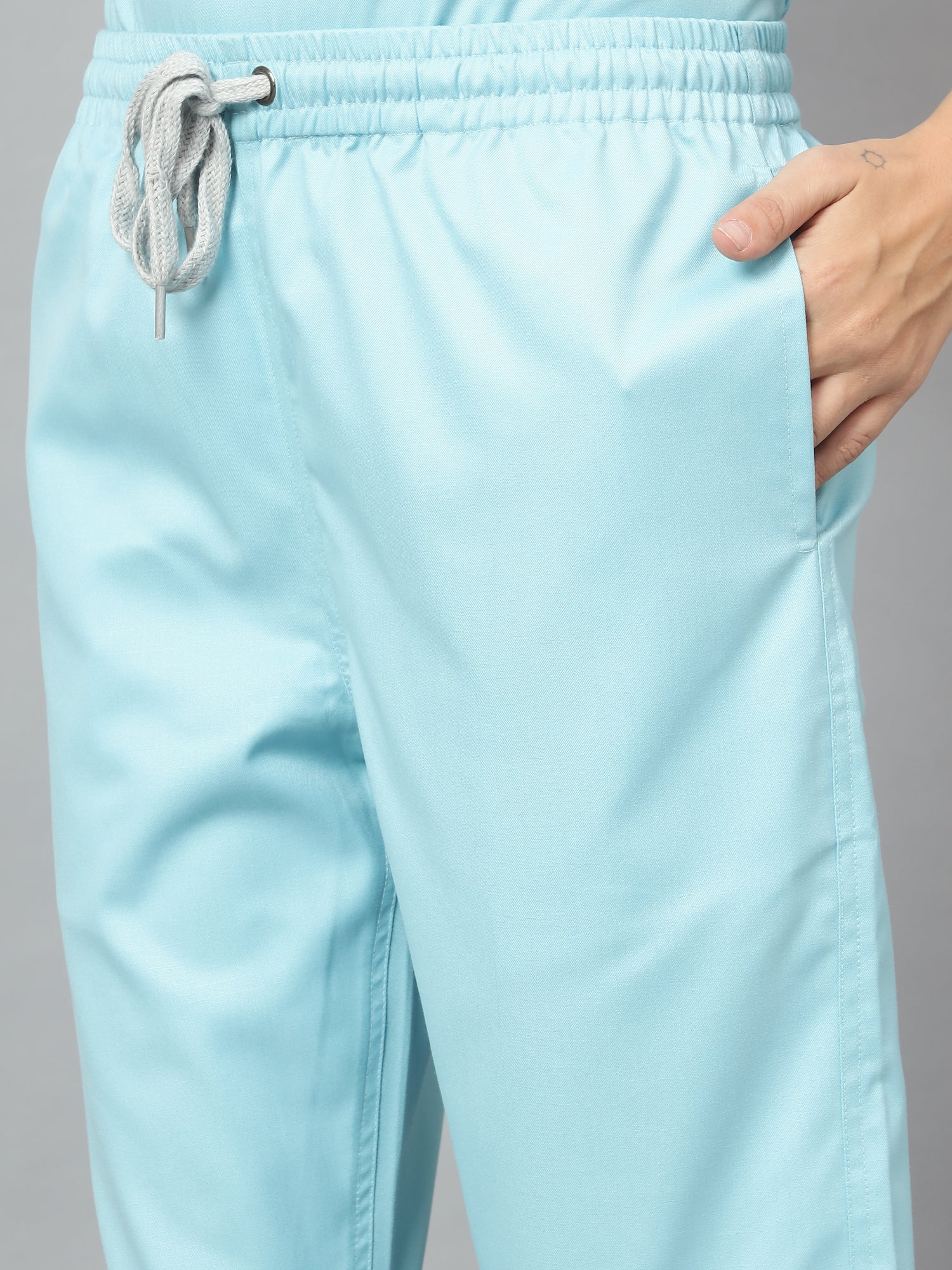 Stretchable (2Way) Women Aqua Blue Mandarin Neck With Jogger Scrub Set - Image 6