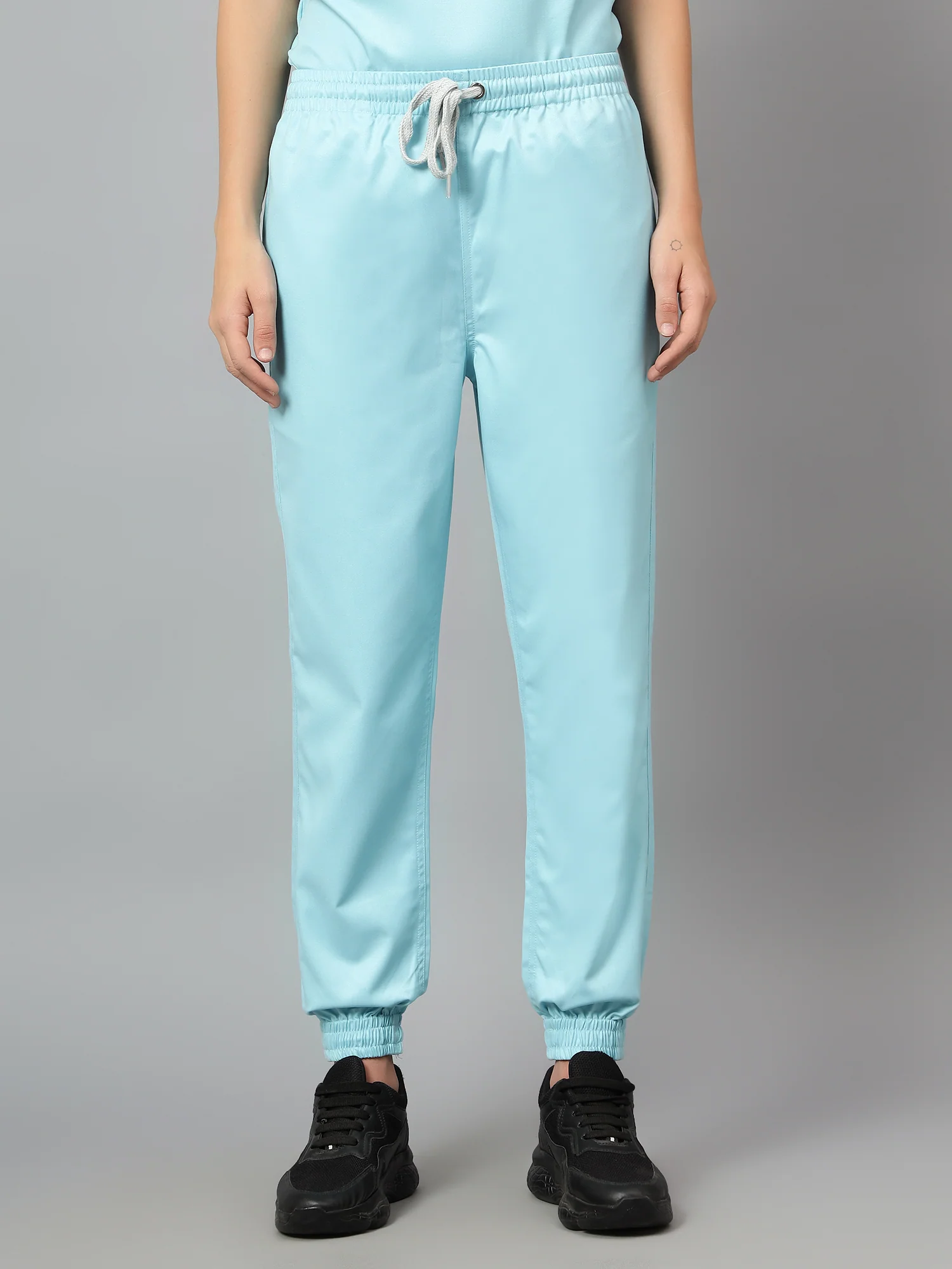 Stretchable (2Way) Women Aqua Blue Mandarin Neck With Jogger Scrub Set - Image 7