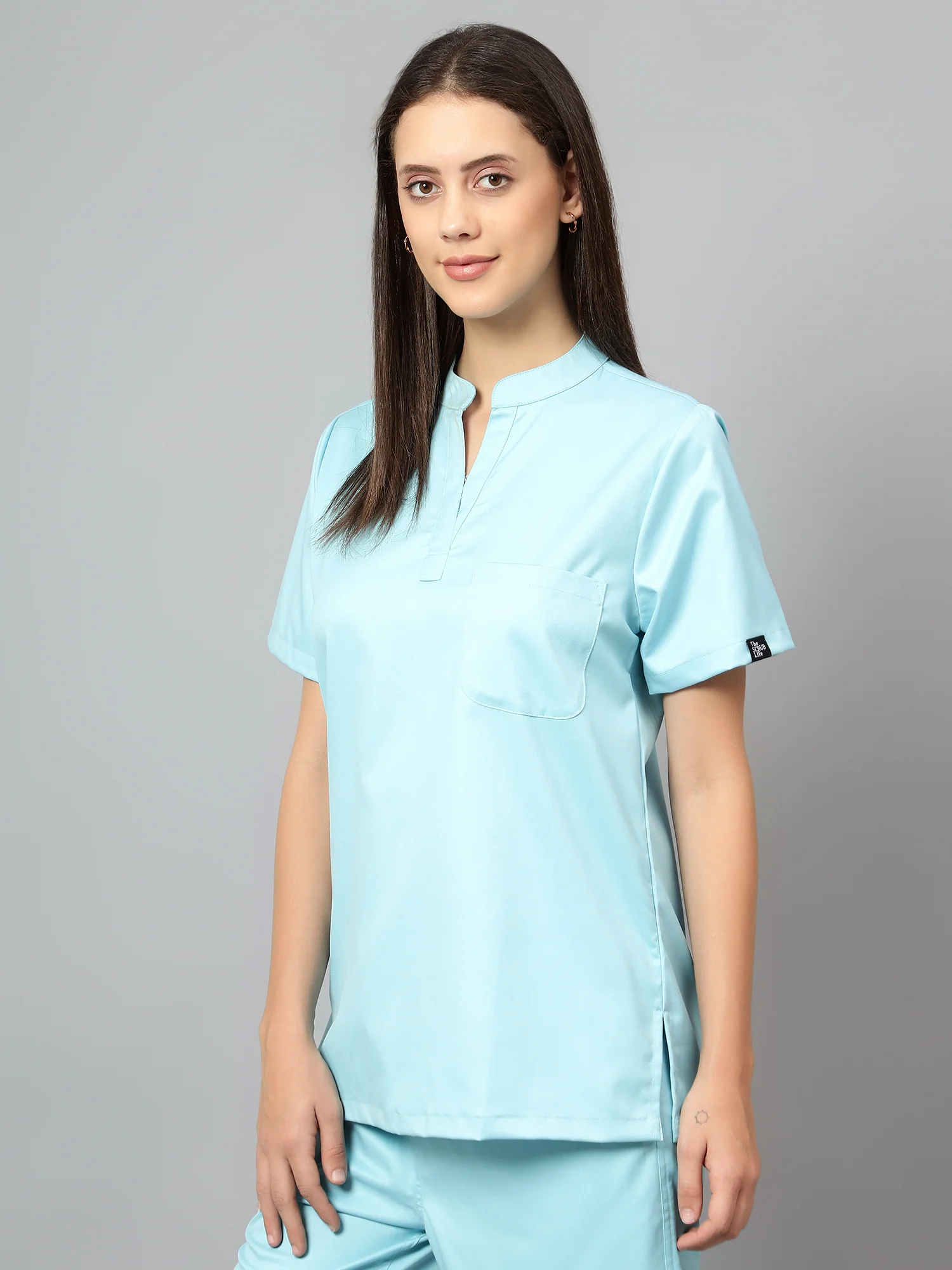 Stretchable (2Way) Women Aqua Blue Mandarin Neck With Jogger Scrub Set - Image 9
