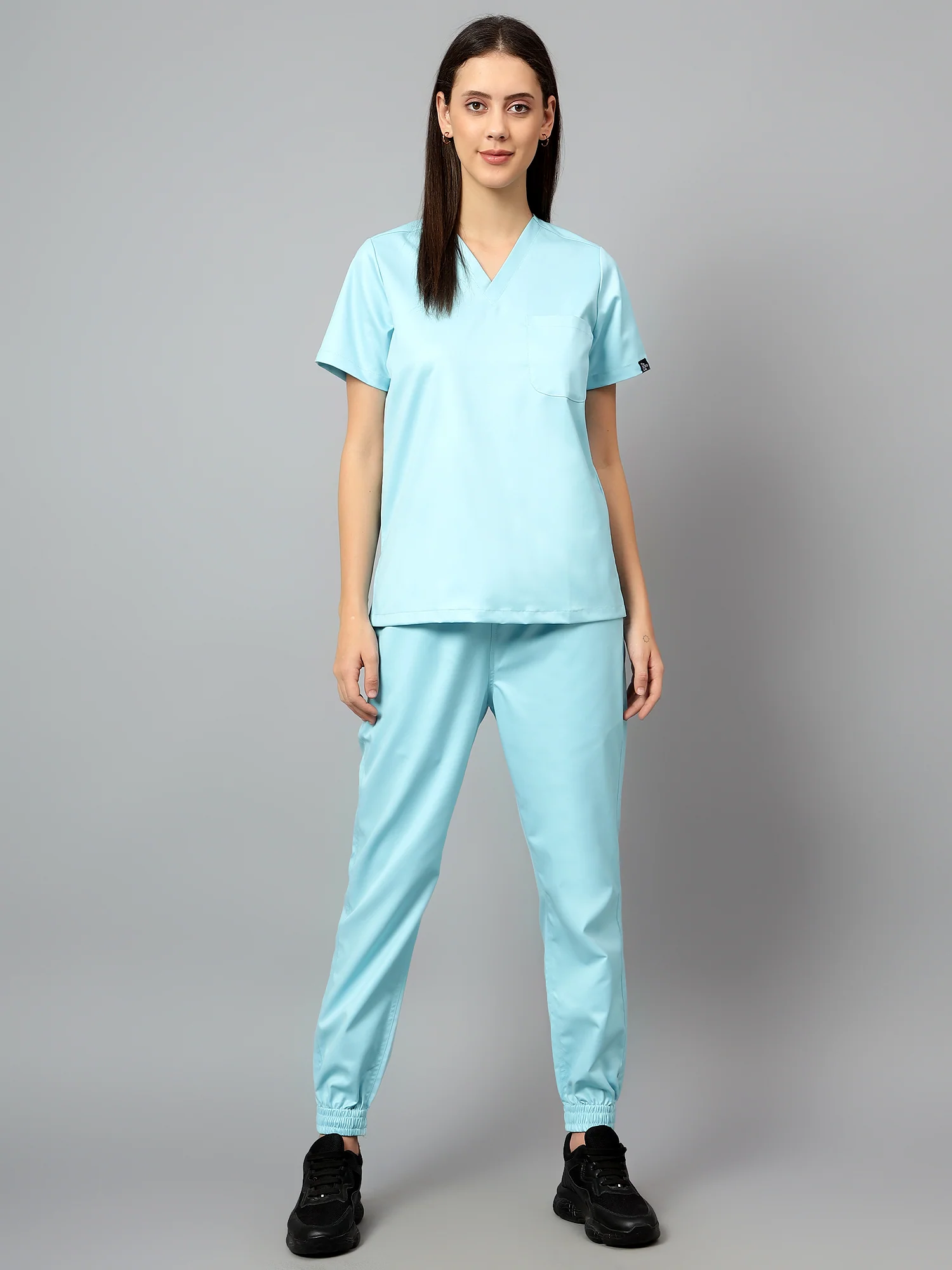 Stretchable (2Way) Women Aqua Blue V-Neck With Jogger Scrub Set - Image 6