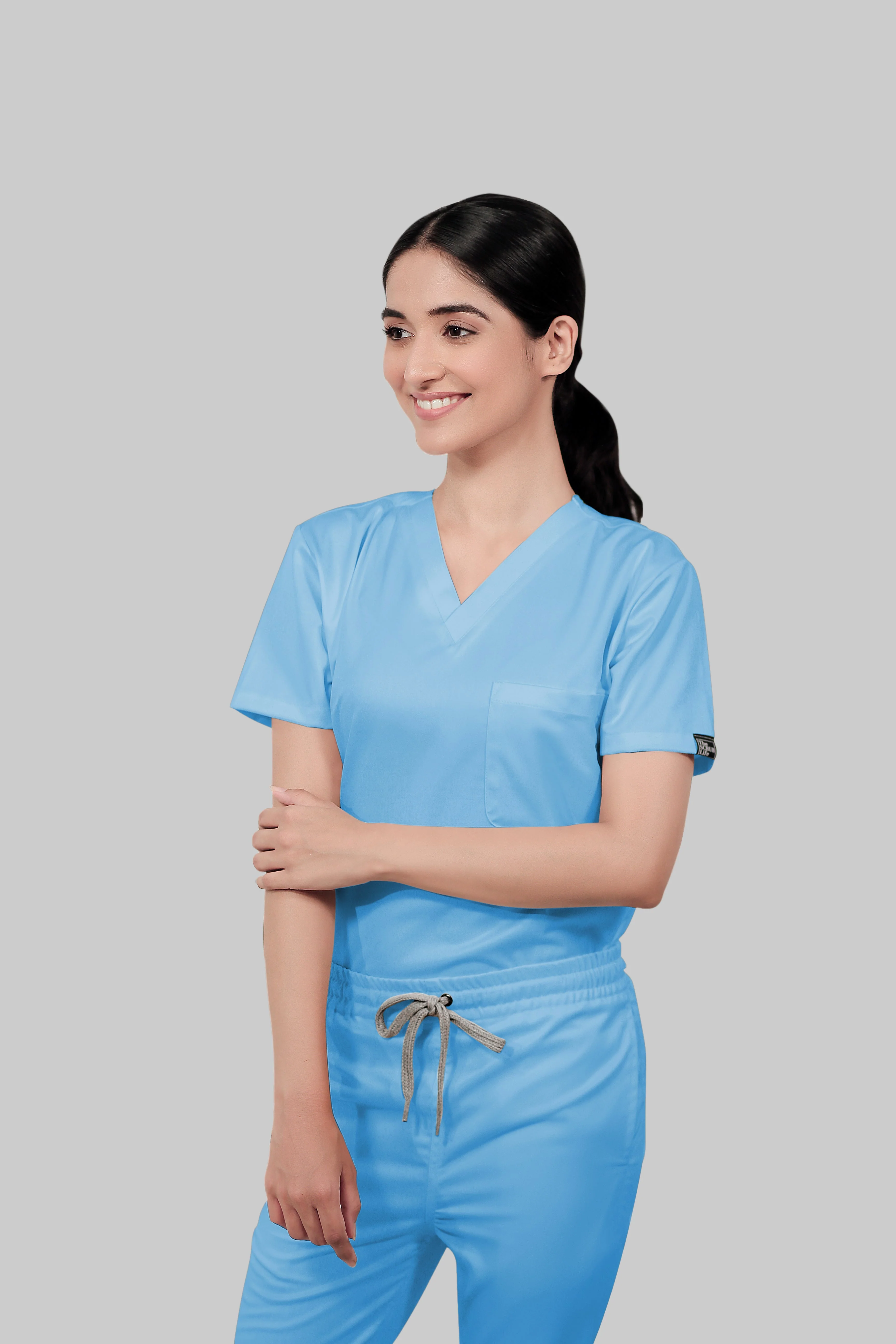 Stretchable (2Way) Women Light Blue V-Neck With Jogger Scrub Set