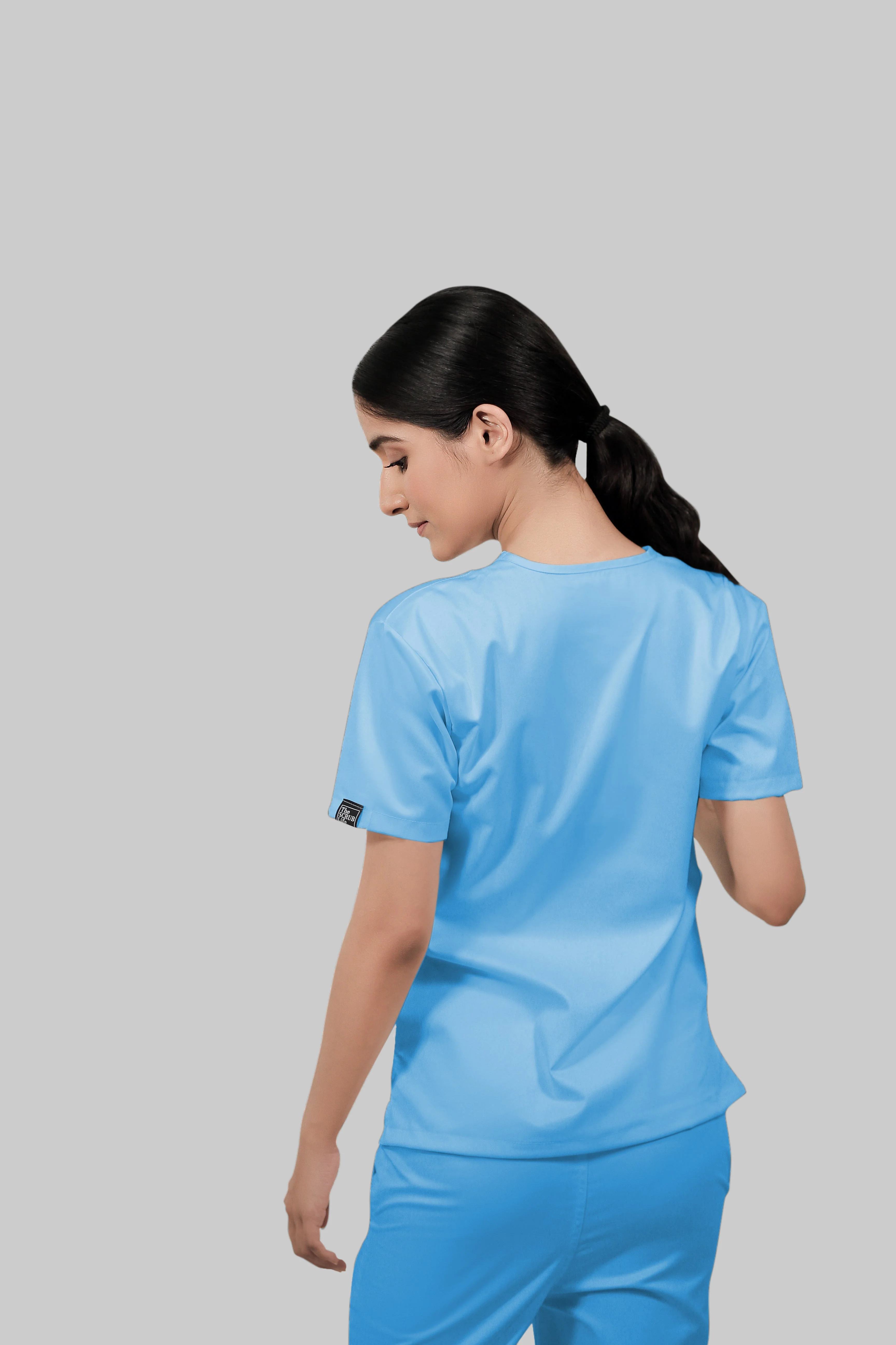 Stretchable (2Way) Women Light Blue V-Neck With Jogger Scrub Set - Image 2
