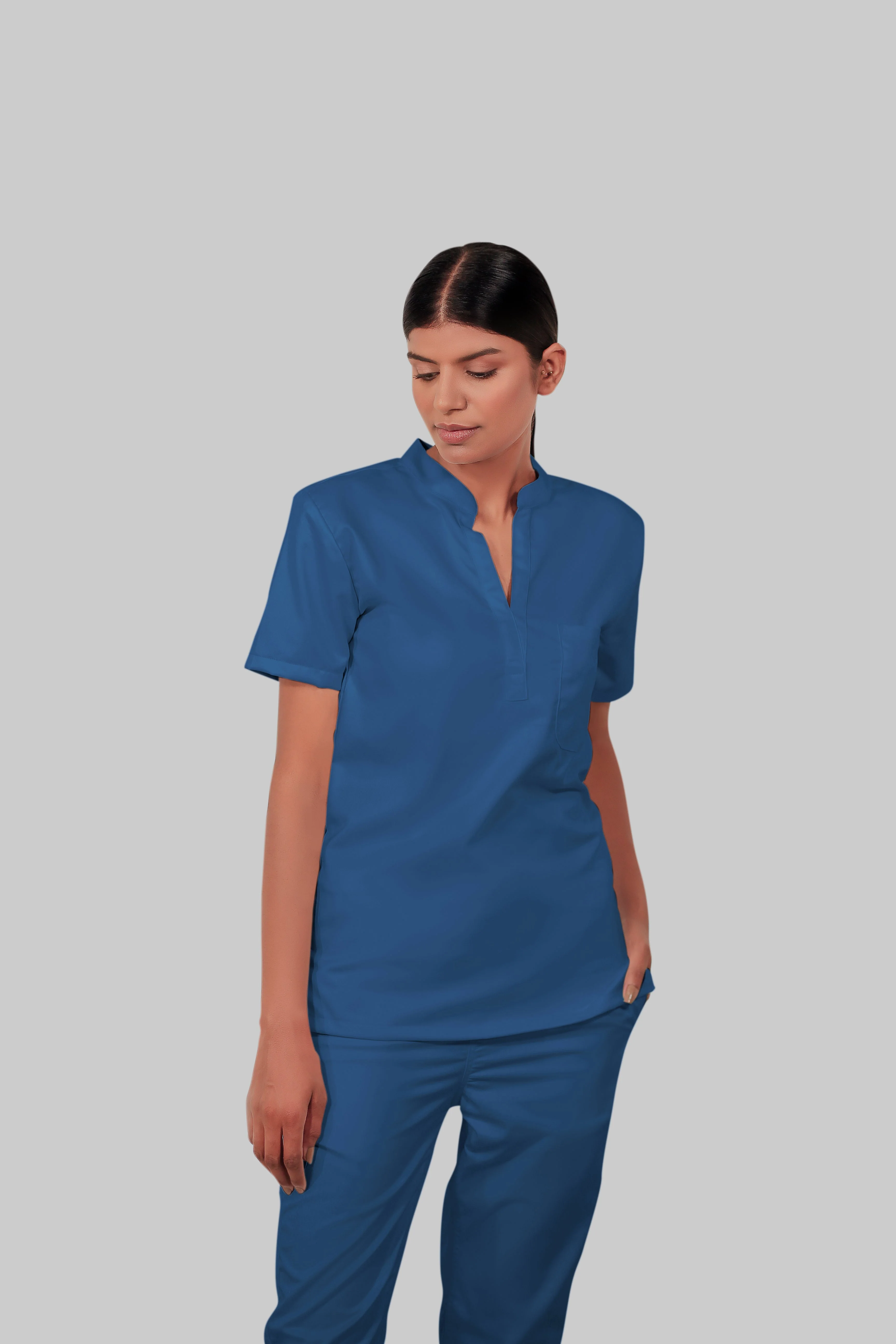 Stretchable (2Way) Women Steel Blue Mandarin Neck With Jogger Scrub Set - Image 2