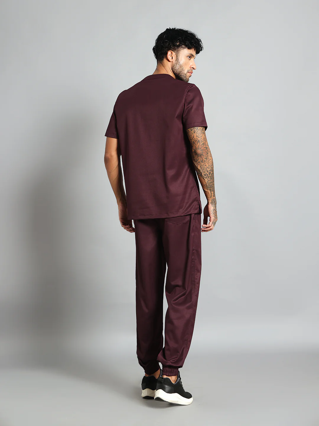 Stretchable (2Way) Men Wine Mandarin Neck With Jogger Scrub Set - Image 5