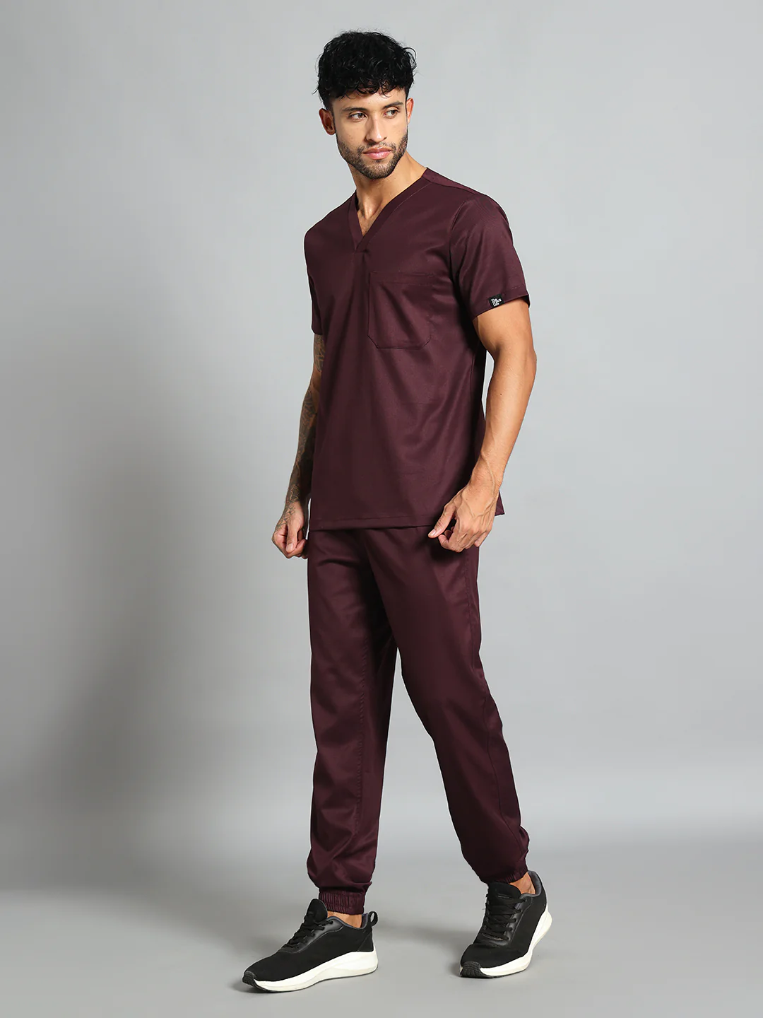 Stretchable (2Way) Men Wine V-Neck With Jogger Scrub Set - Image 3