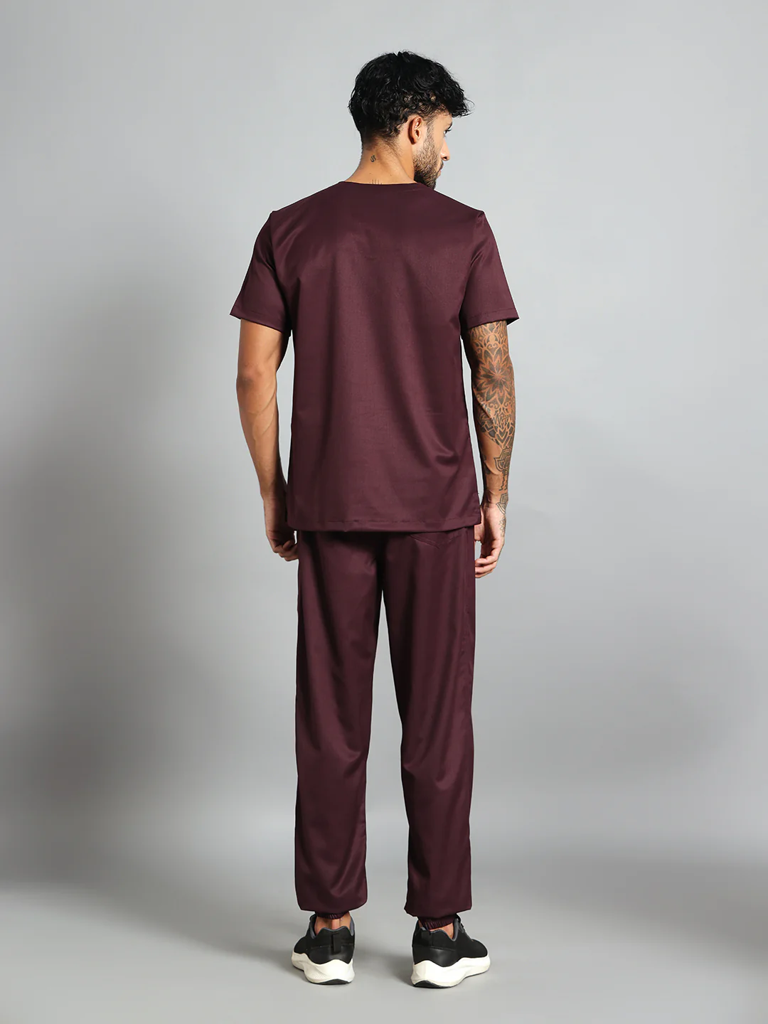 Stretchable (2Way) Men Wine V-Neck With Jogger Scrub Set - Image 4