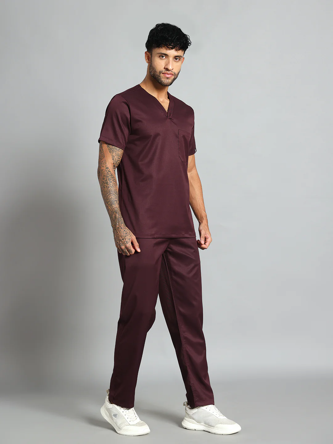 Stretchable (2Way) Men Wine V-Neck With Straight Pant Scrub Set - Image 5