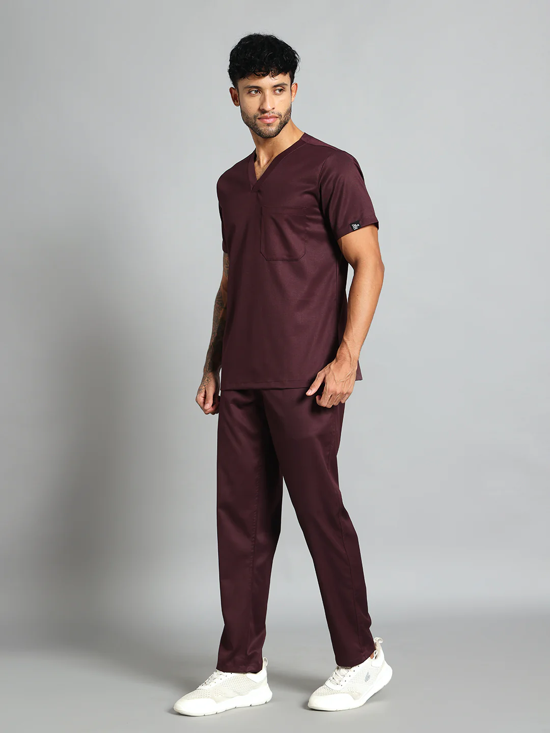 Stretchable (2Way) Men Wine V-Neck With Straight Pant Scrub Set - Image 6
