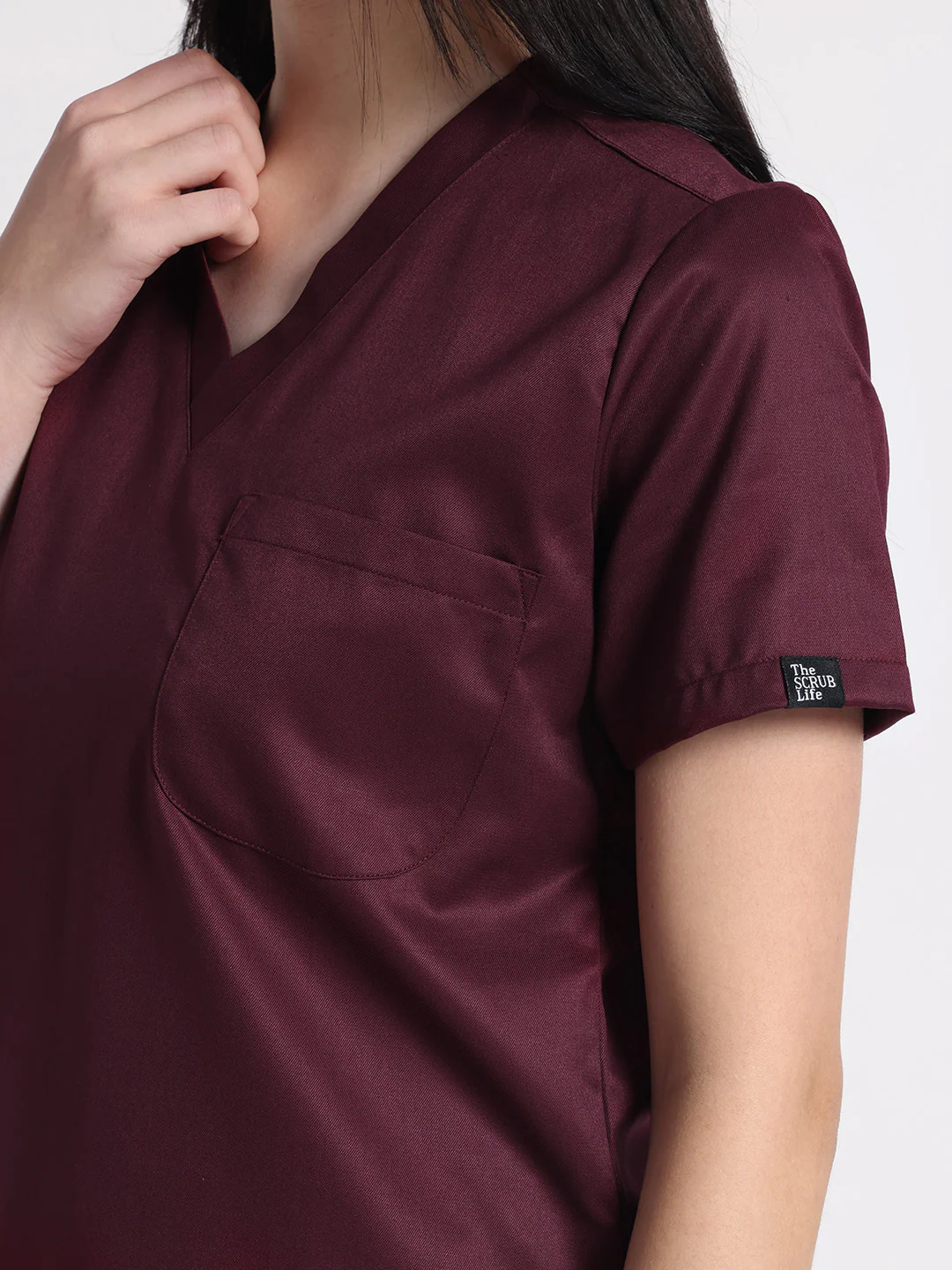 Stretchable (2Way) Women Wine V-Neck With Straight Pant Scrub Set - Image 3