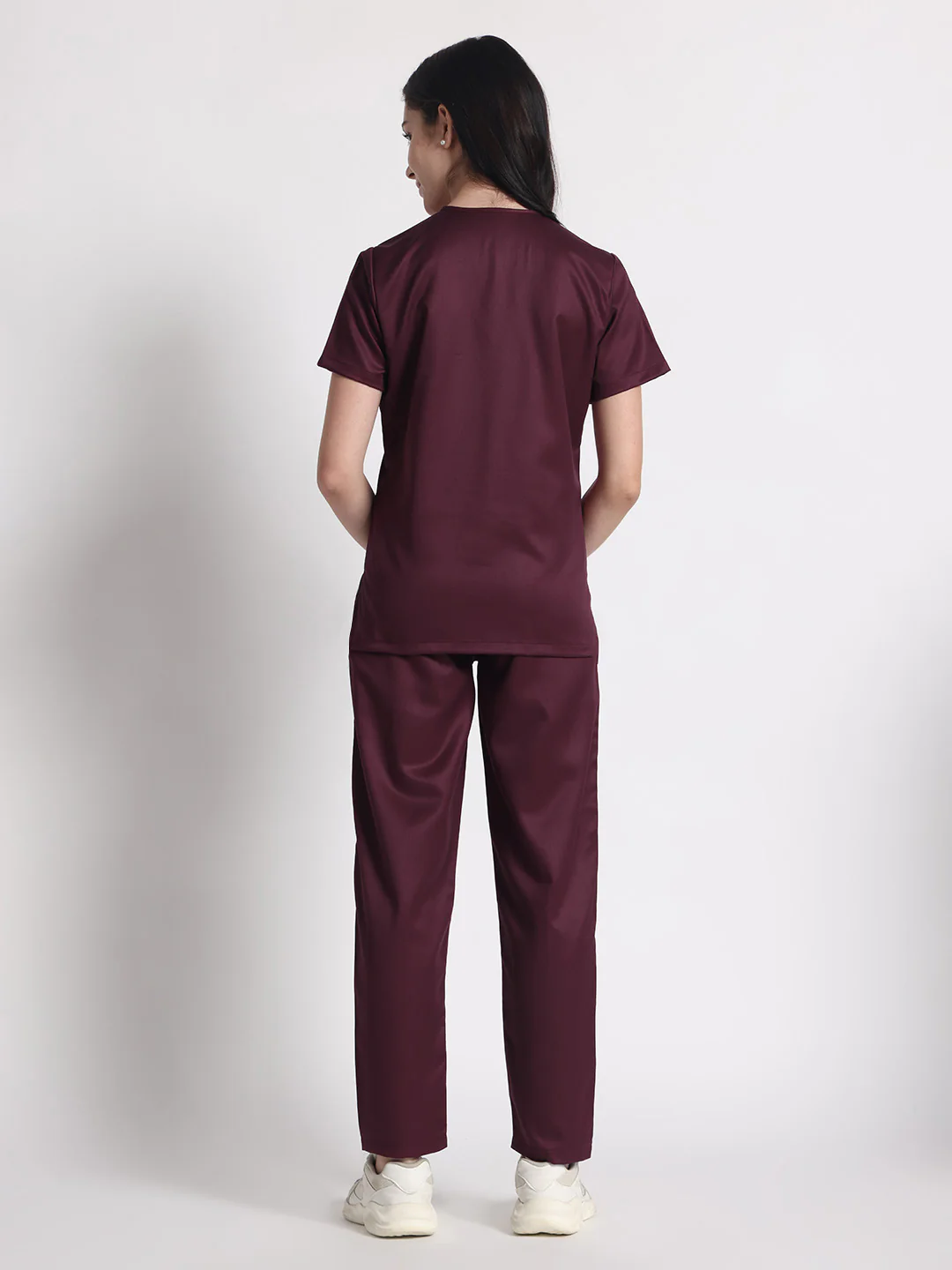 Stretchable (2Way) Women Wine V-Neck With Straight Pant Scrub Set - Image 4