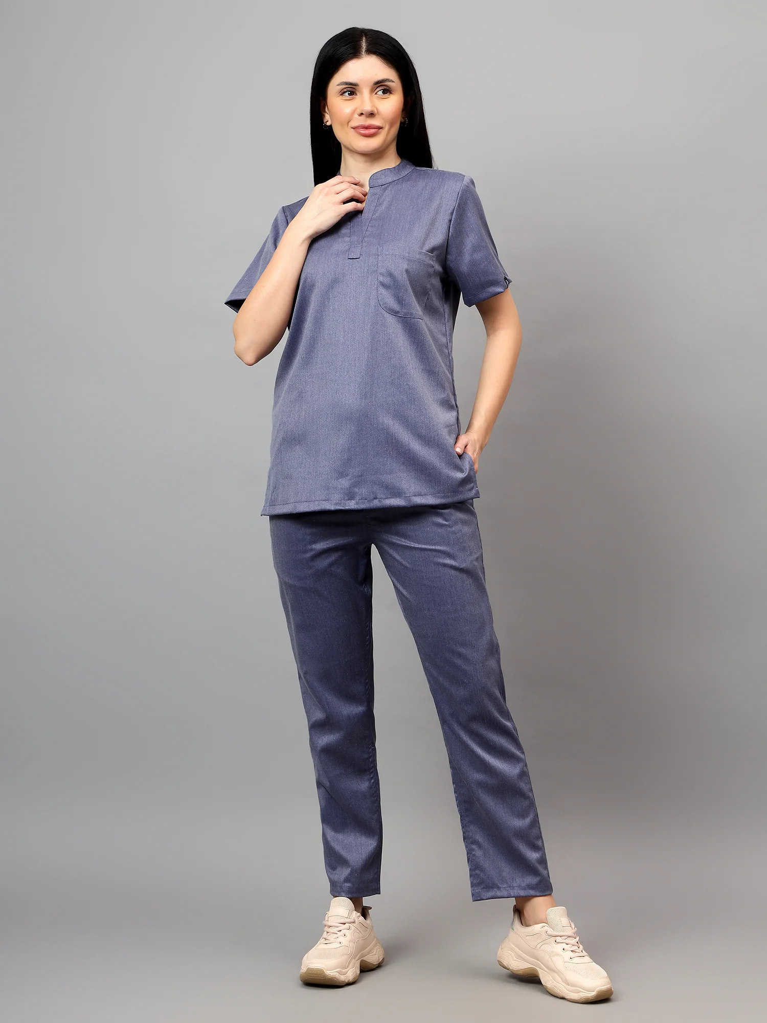 Stretchable (2Way) Women Denim Blue Texture Mandarin Neck With Straight Pant Scrub Set