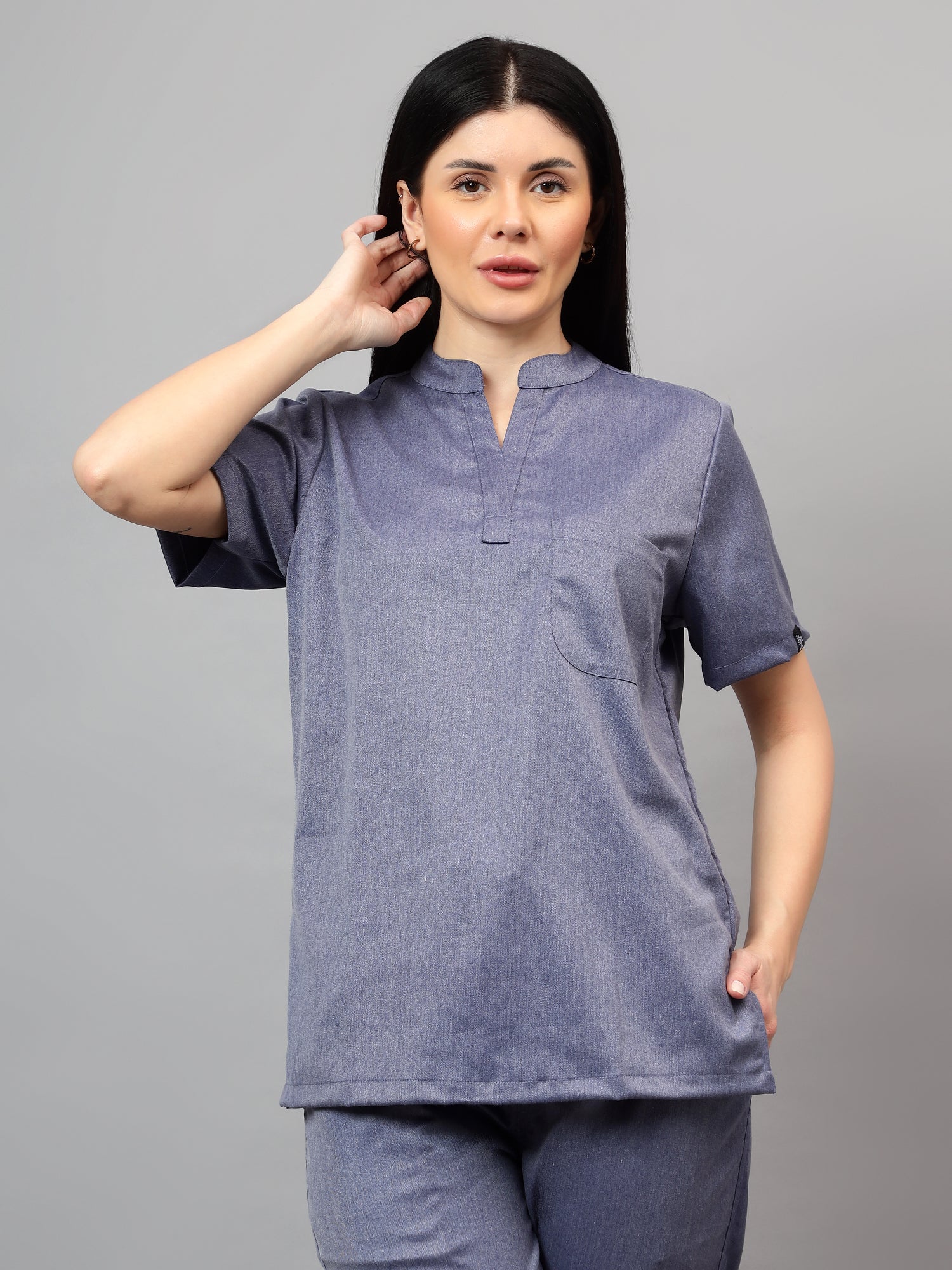 Stretchable (2Way) Women Denim Blue Texture Mandarin Neck With Straight Pant Scrub Set - Image 2