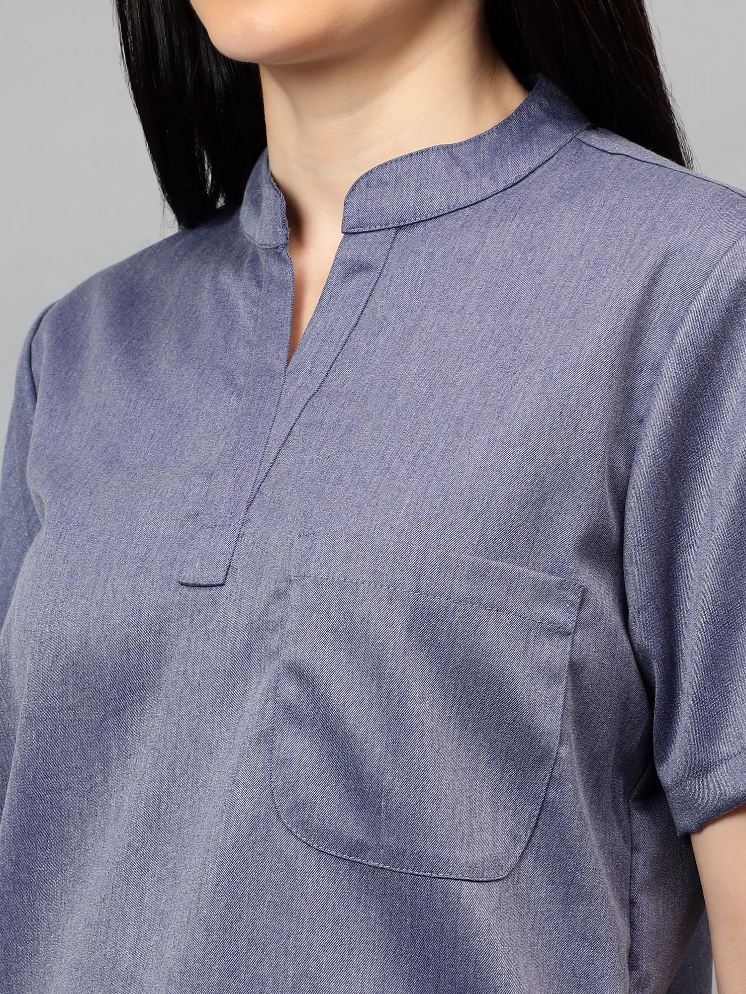 Stretchable (2Way) Women Denim Blue Texture Mandarin Neck With Straight Pant Scrub Set - Image 3