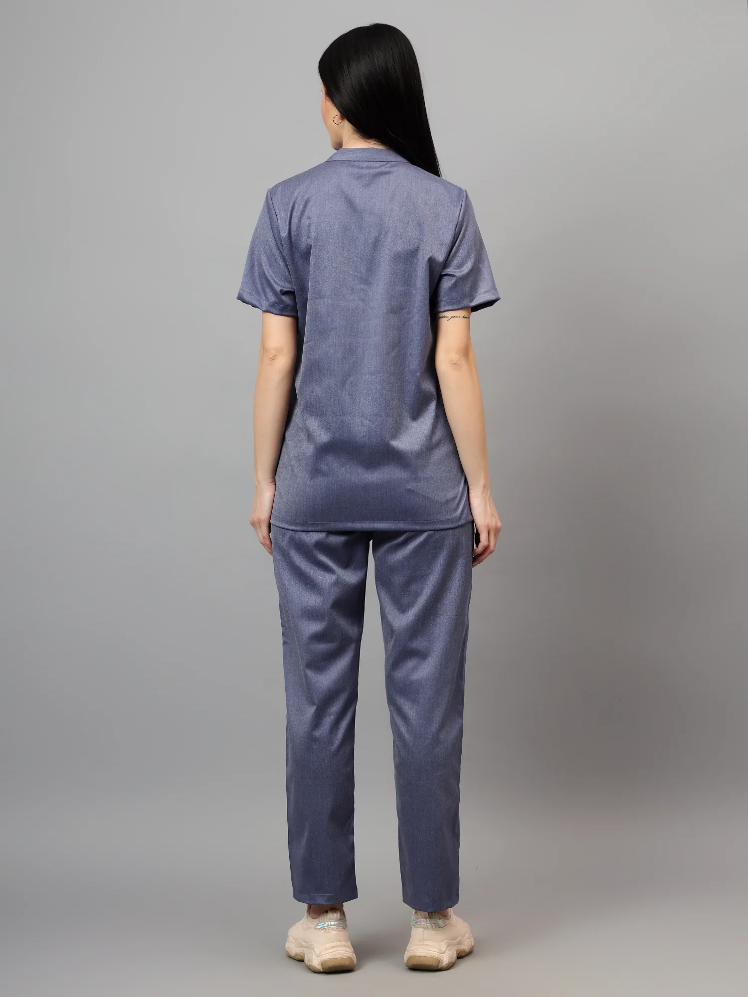 Stretchable (2Way) Women Denim Blue Texture Mandarin Neck With Straight Pant Scrub Set - Image 5