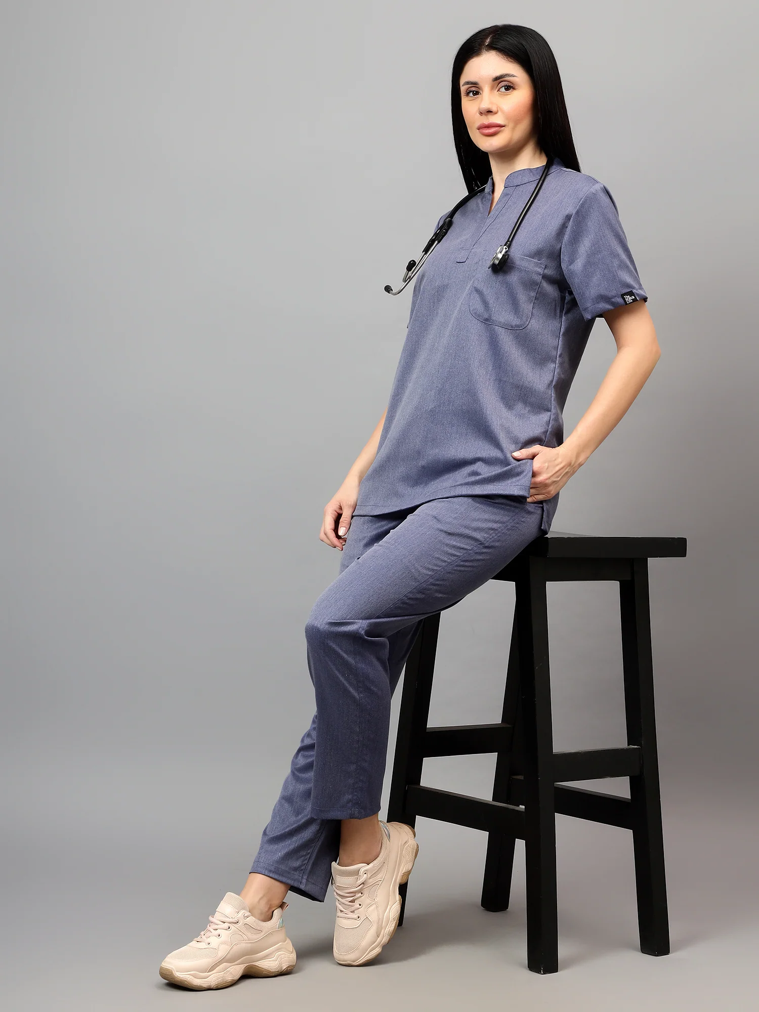 Stretchable (2Way) Women Denim Blue Texture Mandarin Neck With Straight Pant Scrub Set - Image 6
