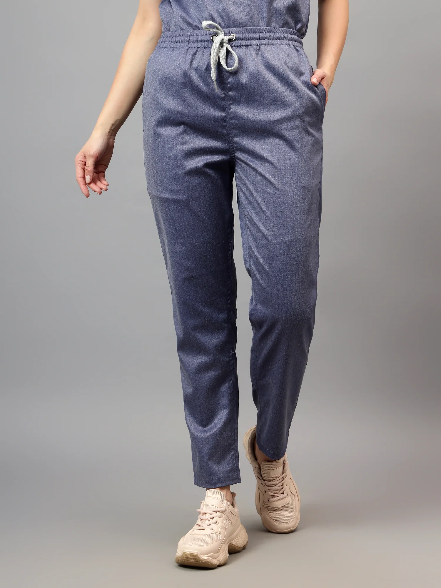 Stretchable (2Way) Women Denim Blue Texture Mandarin Neck With Straight Pant Scrub Set - Image 9