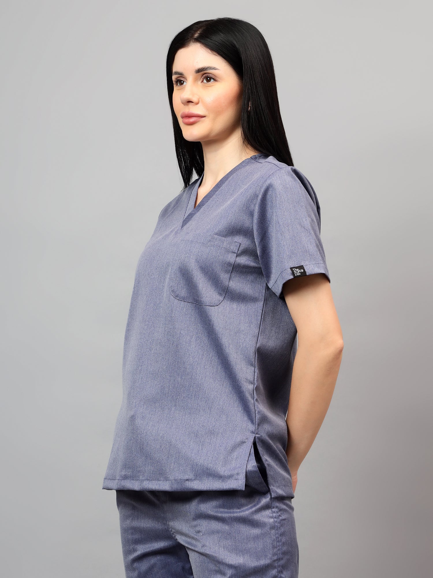 Stretchable (2Way) Women Denim Blue Texture V-Neck Scrub Top
